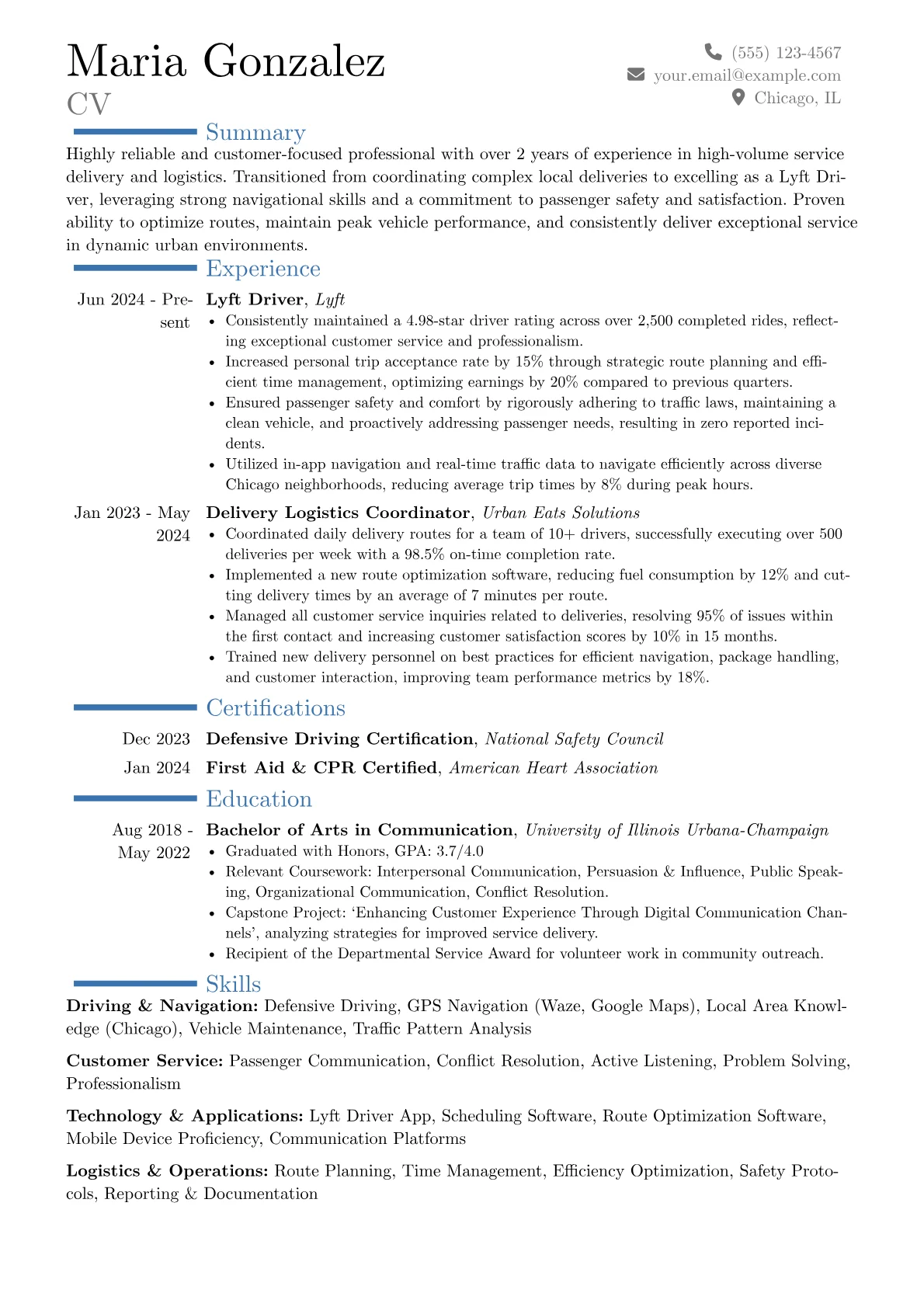 Lyft Driver resume example, Career changer, page 1