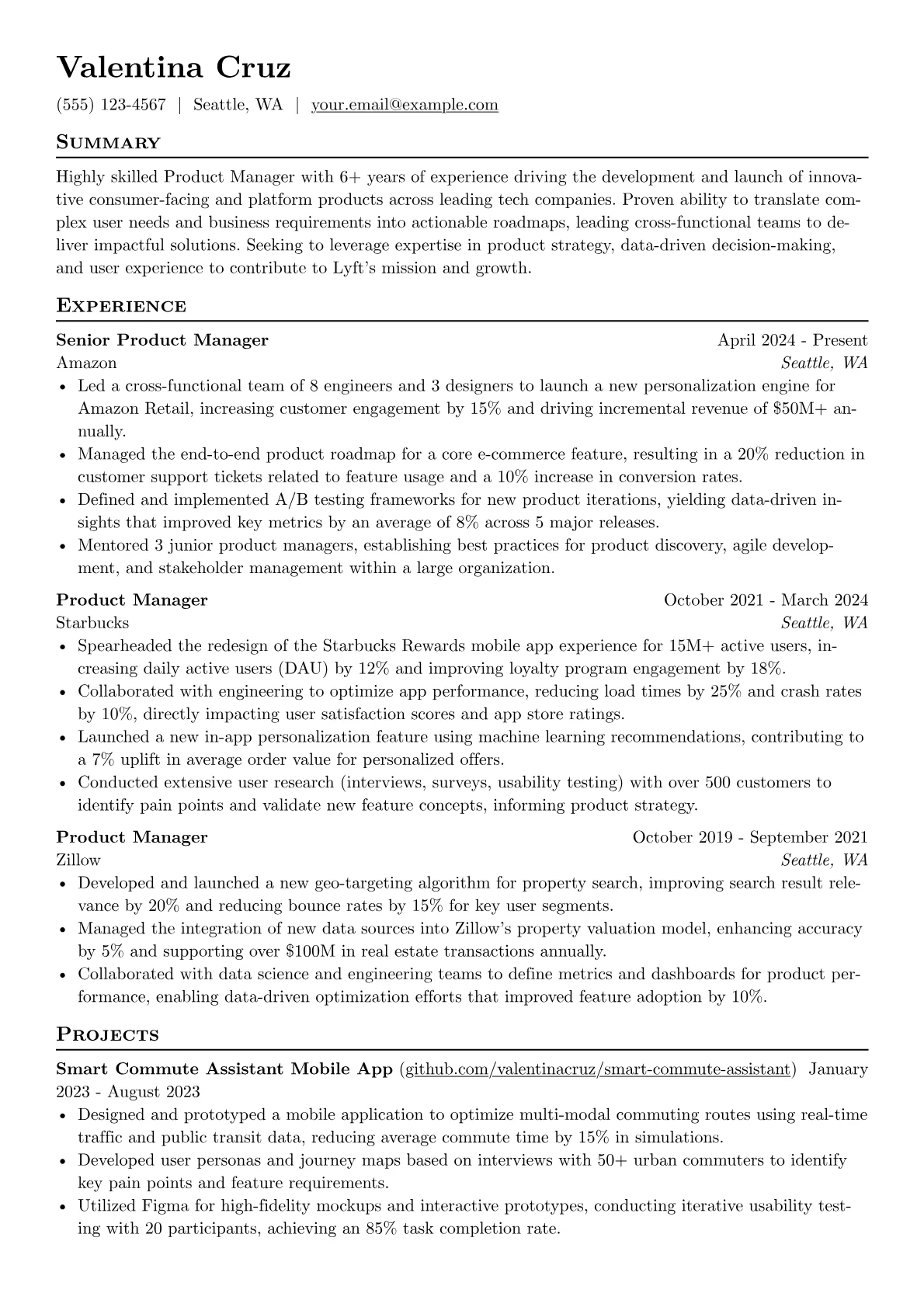 Lyft resume example, Product Manager, page 1