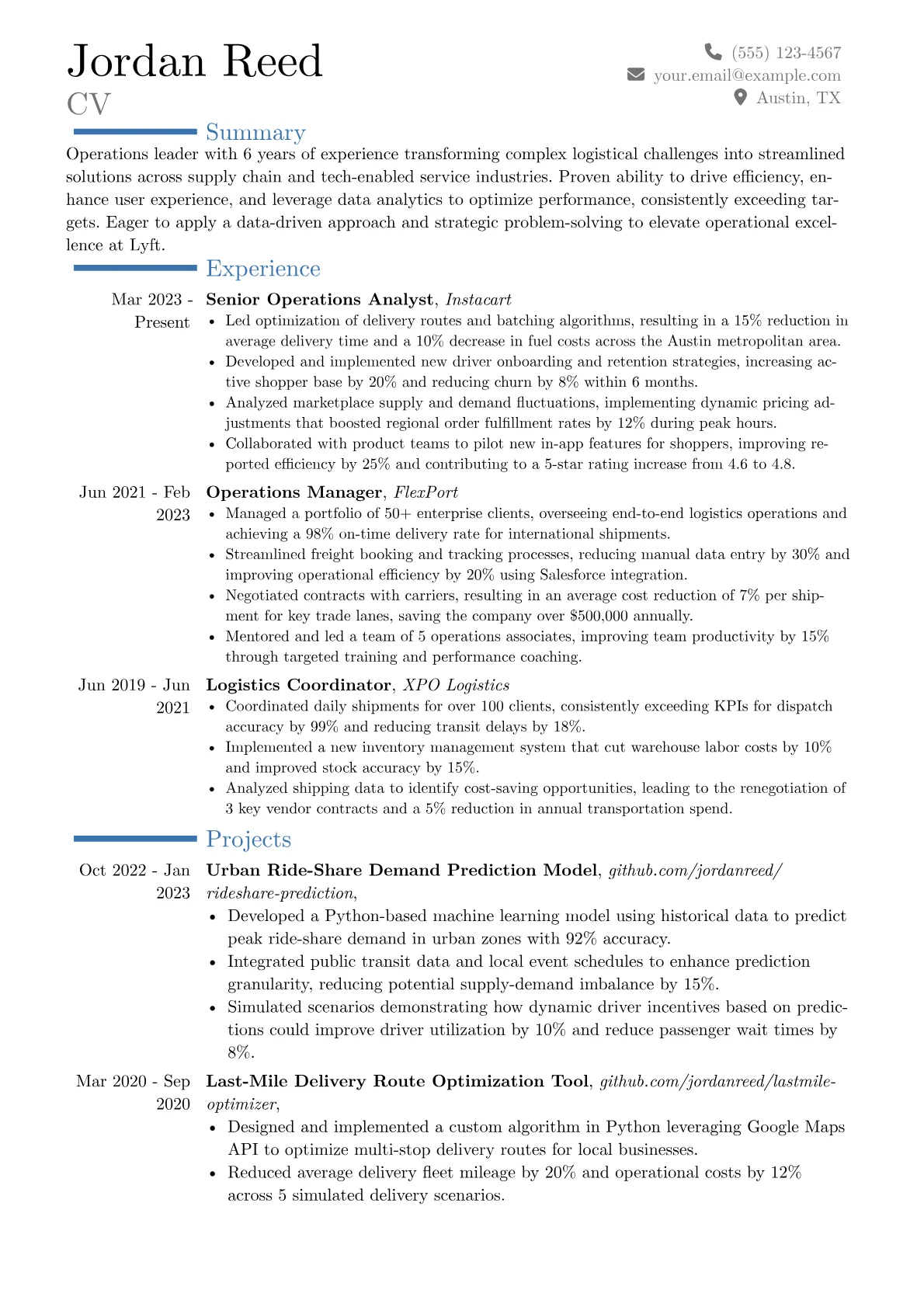Lyft resume example, Career changer, page 1