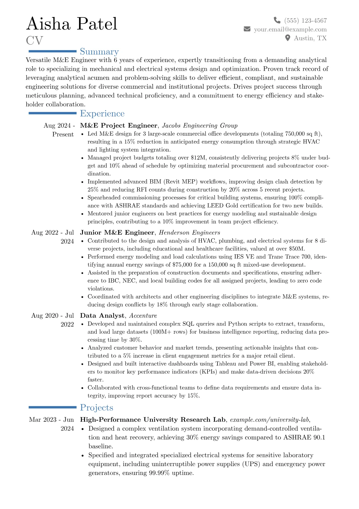 M&E Engineer resume example, Career changer, page 1