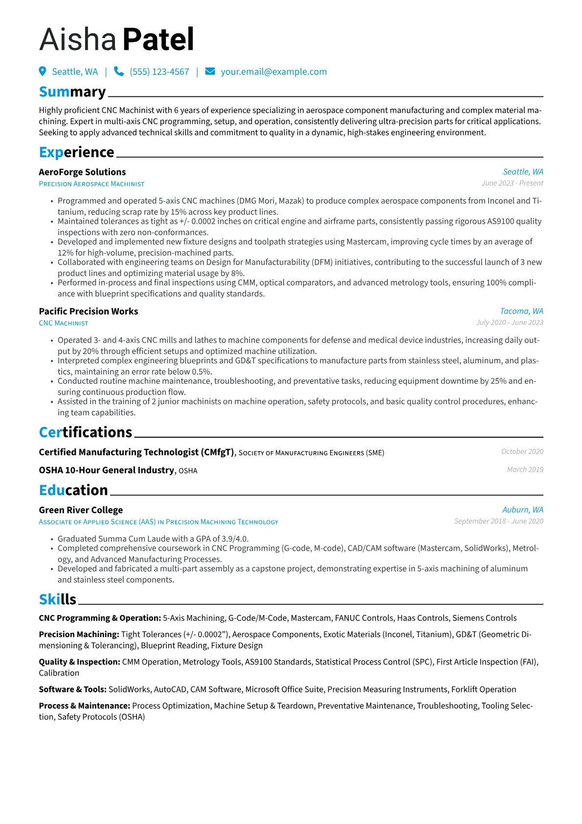 Machining resume example, Aerospace Machining, page 1