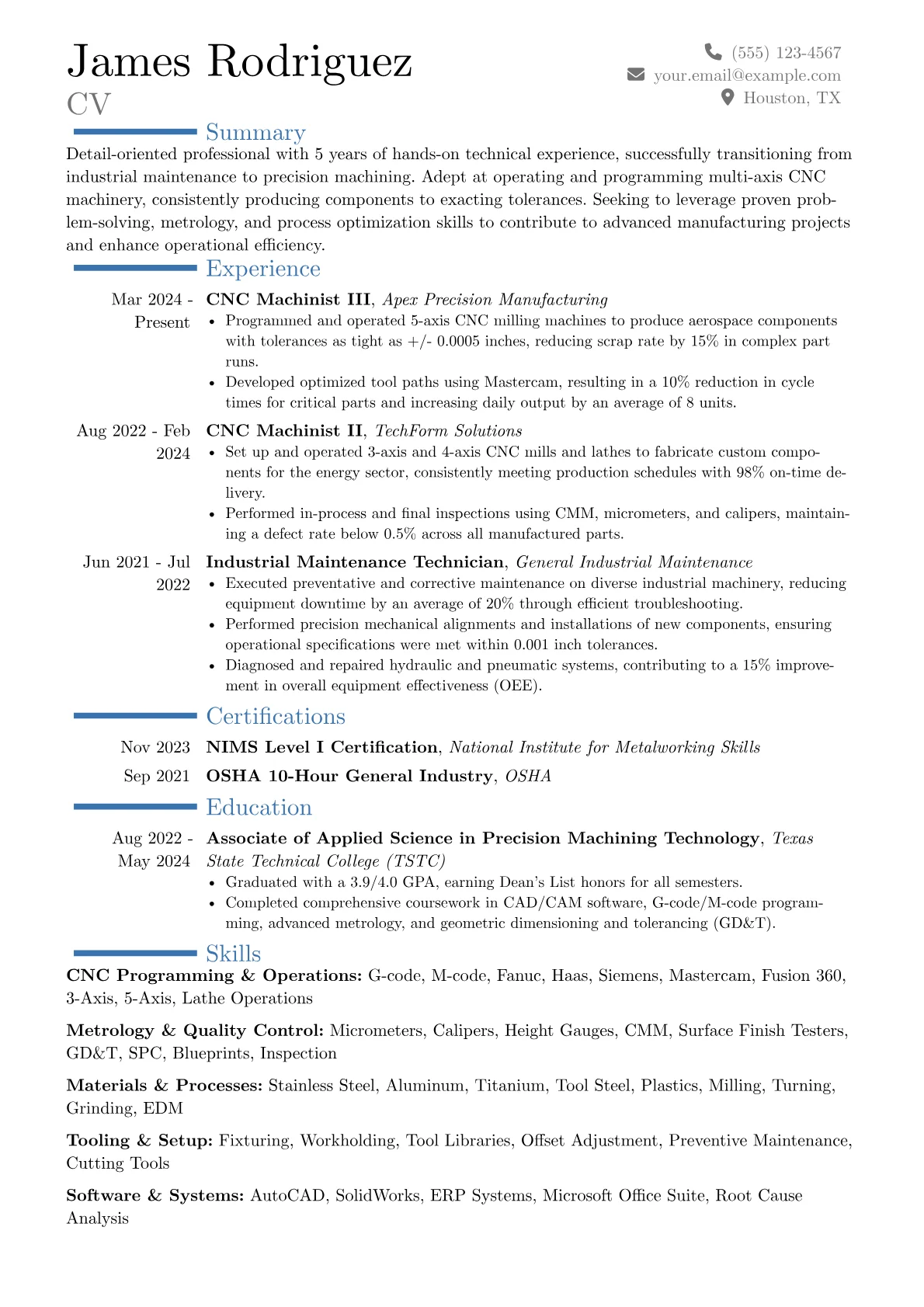 Machining resume example, Career changer, page 1