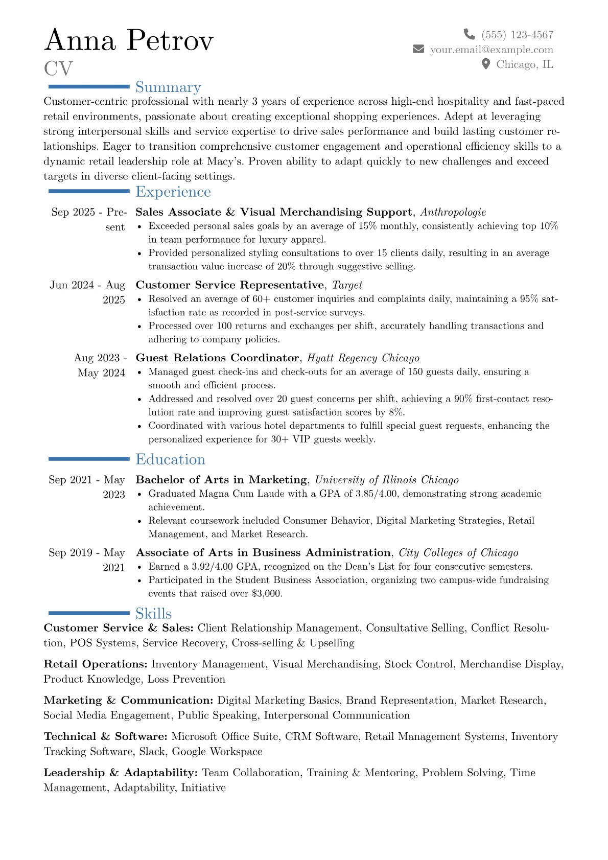 Macy's resume example, Career changer, page 1