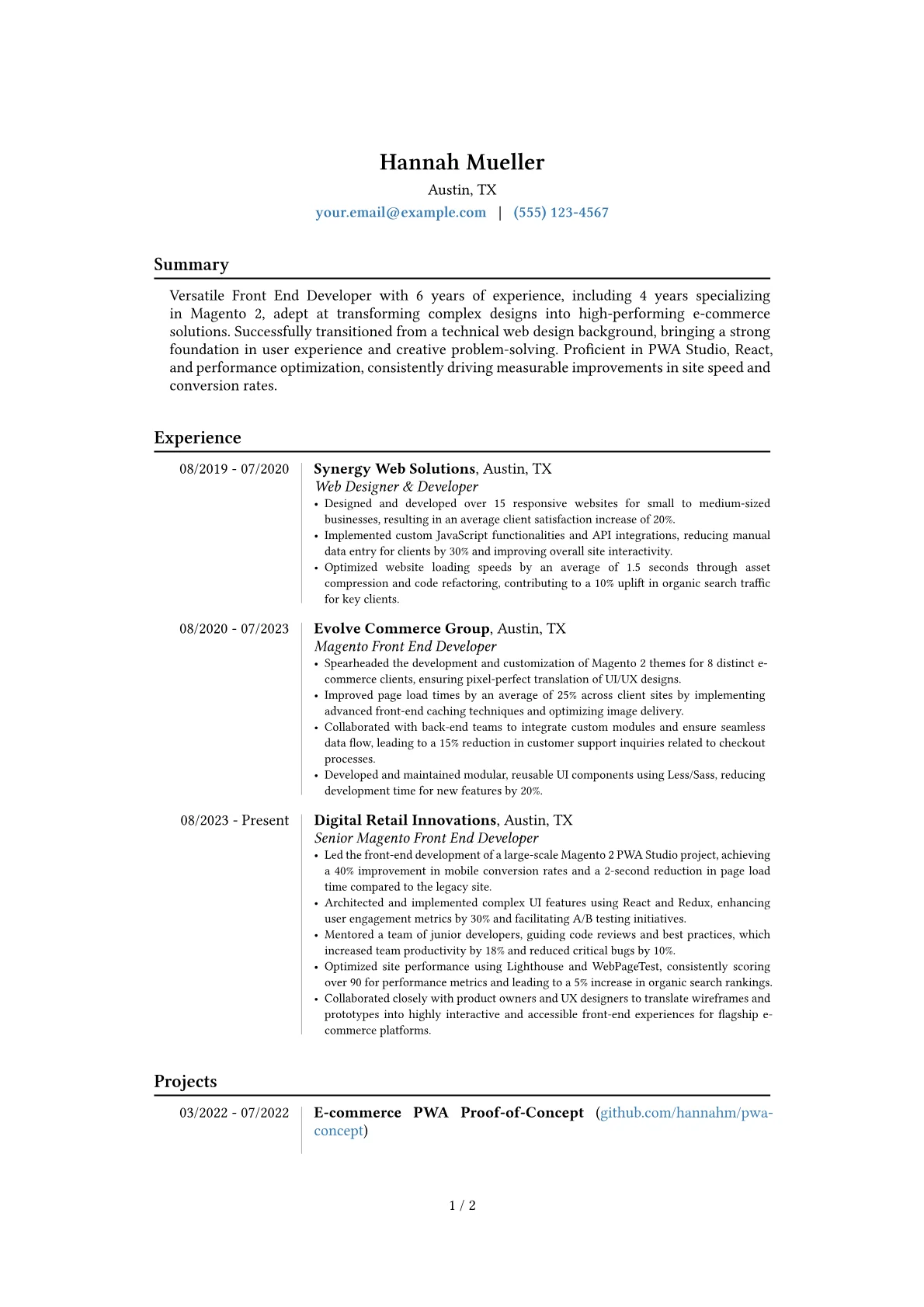 Magento Front End Developer resume example, Career changer, page 1