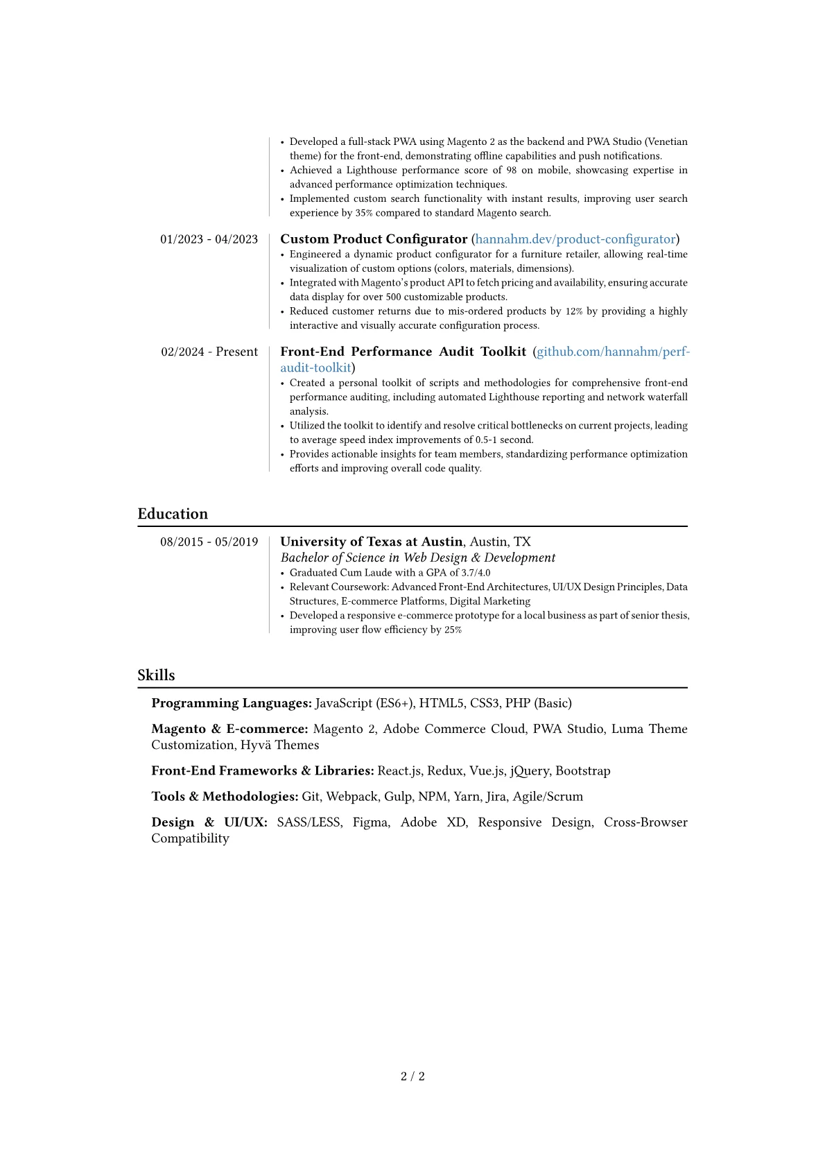 Magento Front End Developer resume example, Career changer, page 2
