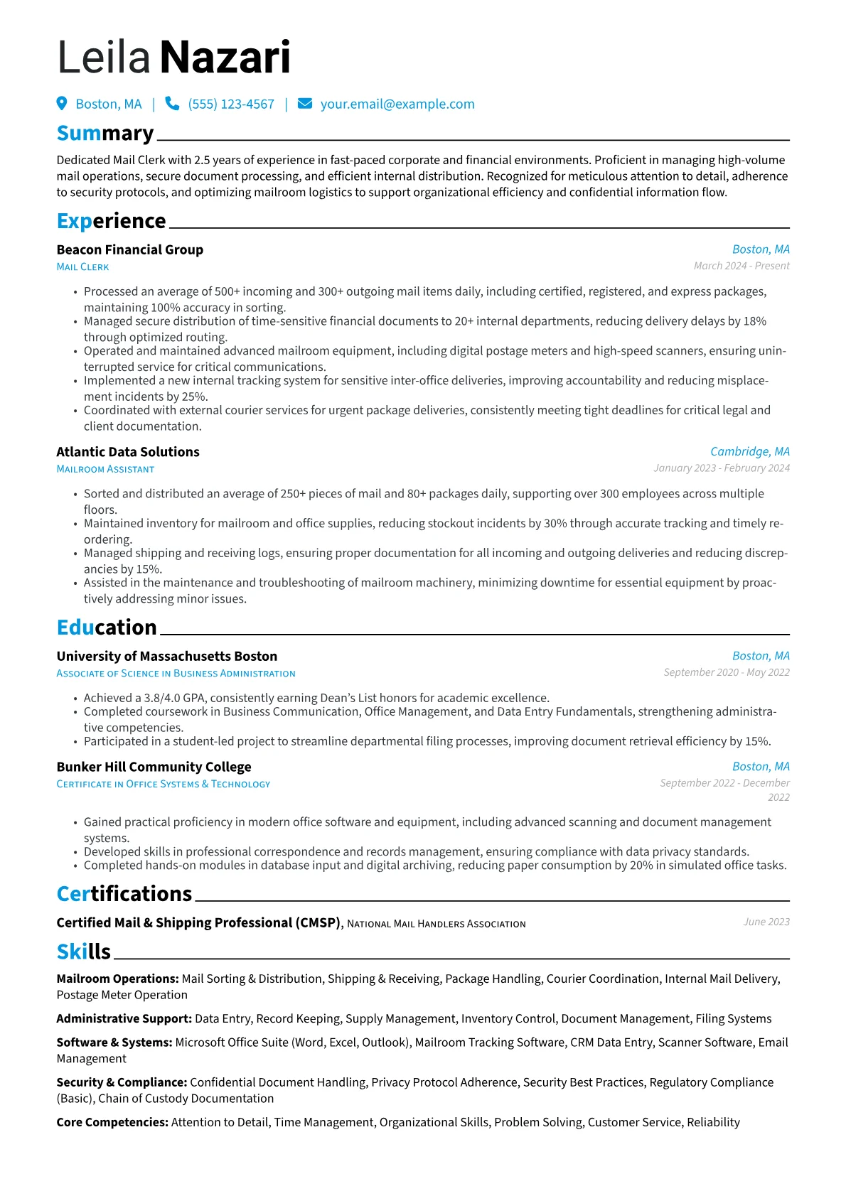 Mail Clerk resume example, Mail Clerk - Corporate, page 1