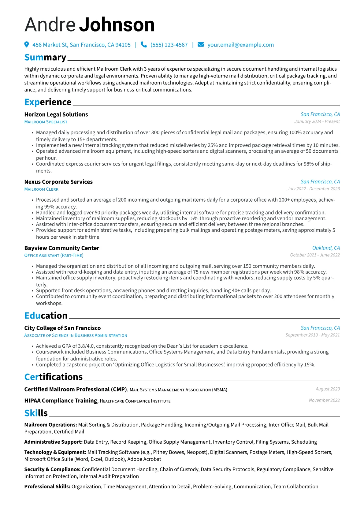 Mailroom Clerk resume example, Mailroom Clerk, page 1