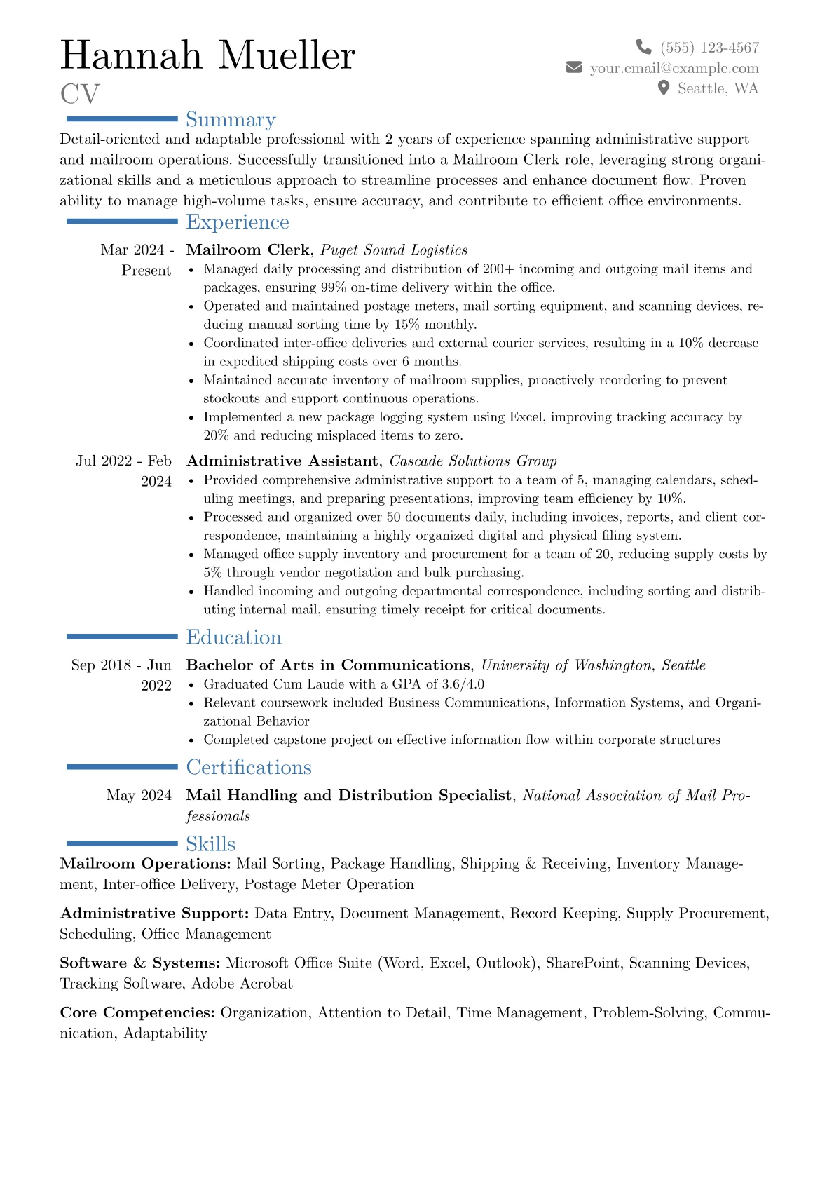 Mailroom Clerk resume example, Career changer, page 1