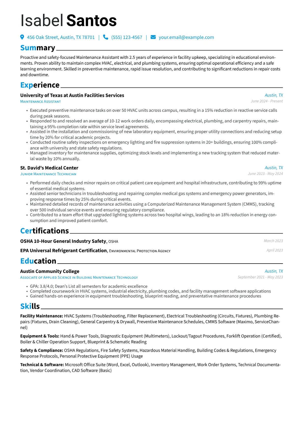 Maintenance Assistant resume example, Maintenance Assistant, page 1