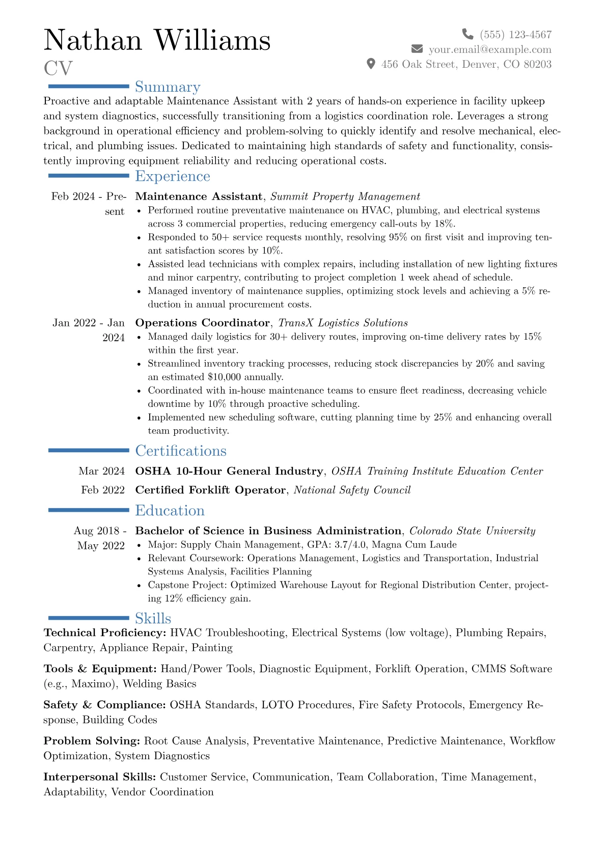 Maintenance Assistant resume example, Career changer, page 1