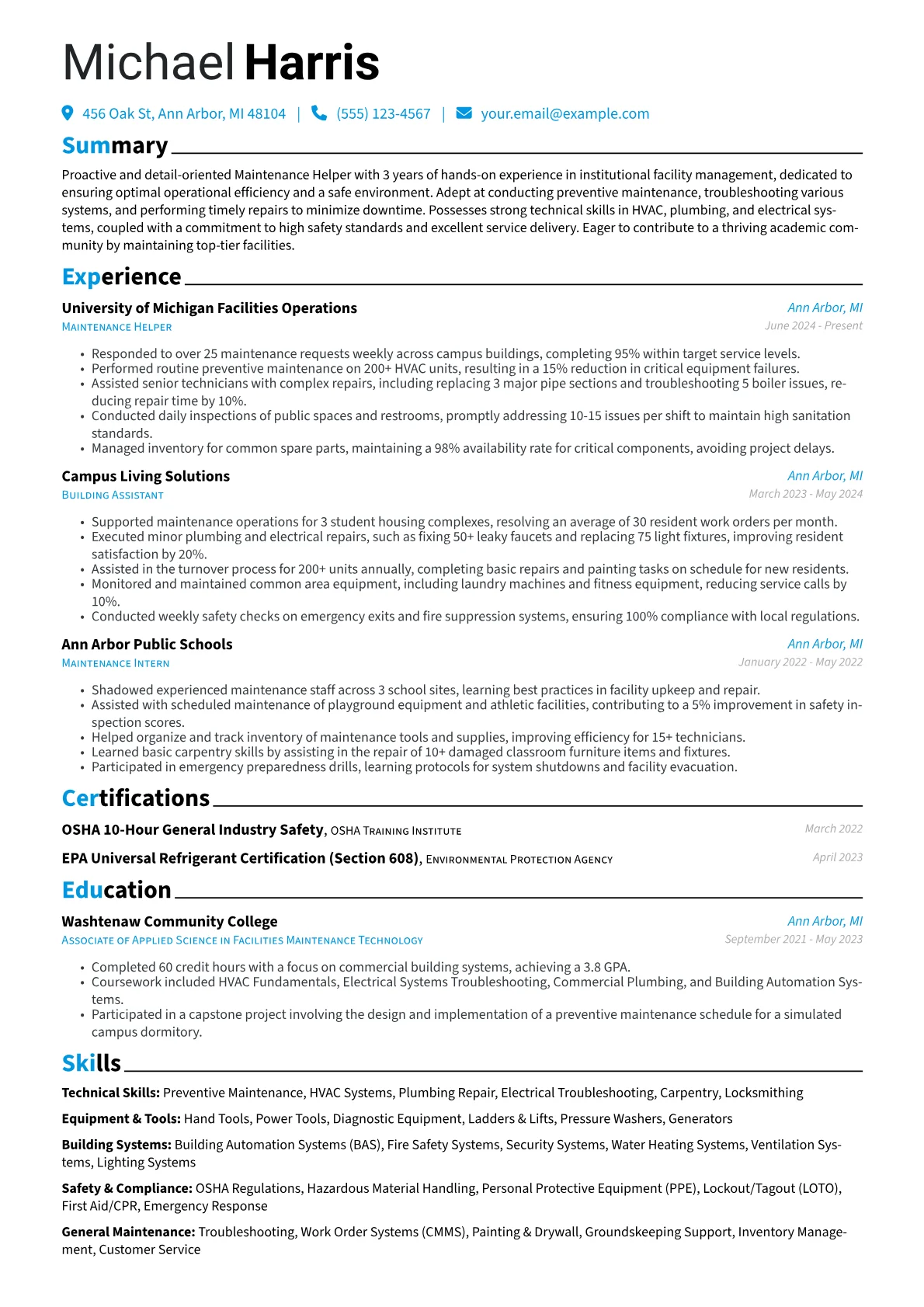 Maintenance Helper resume example, Maintenance Helper, page 1