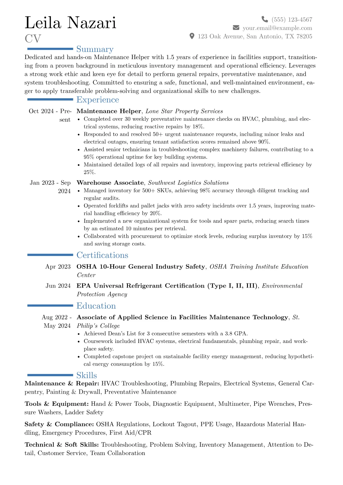 Maintenance Helper resume example, Career changer, page 1