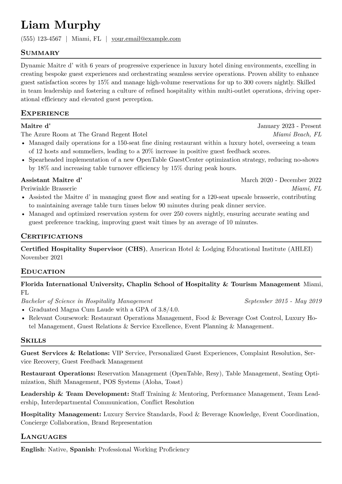 Maitre d' resume example, Luxury Hotel Maitre d', page 1