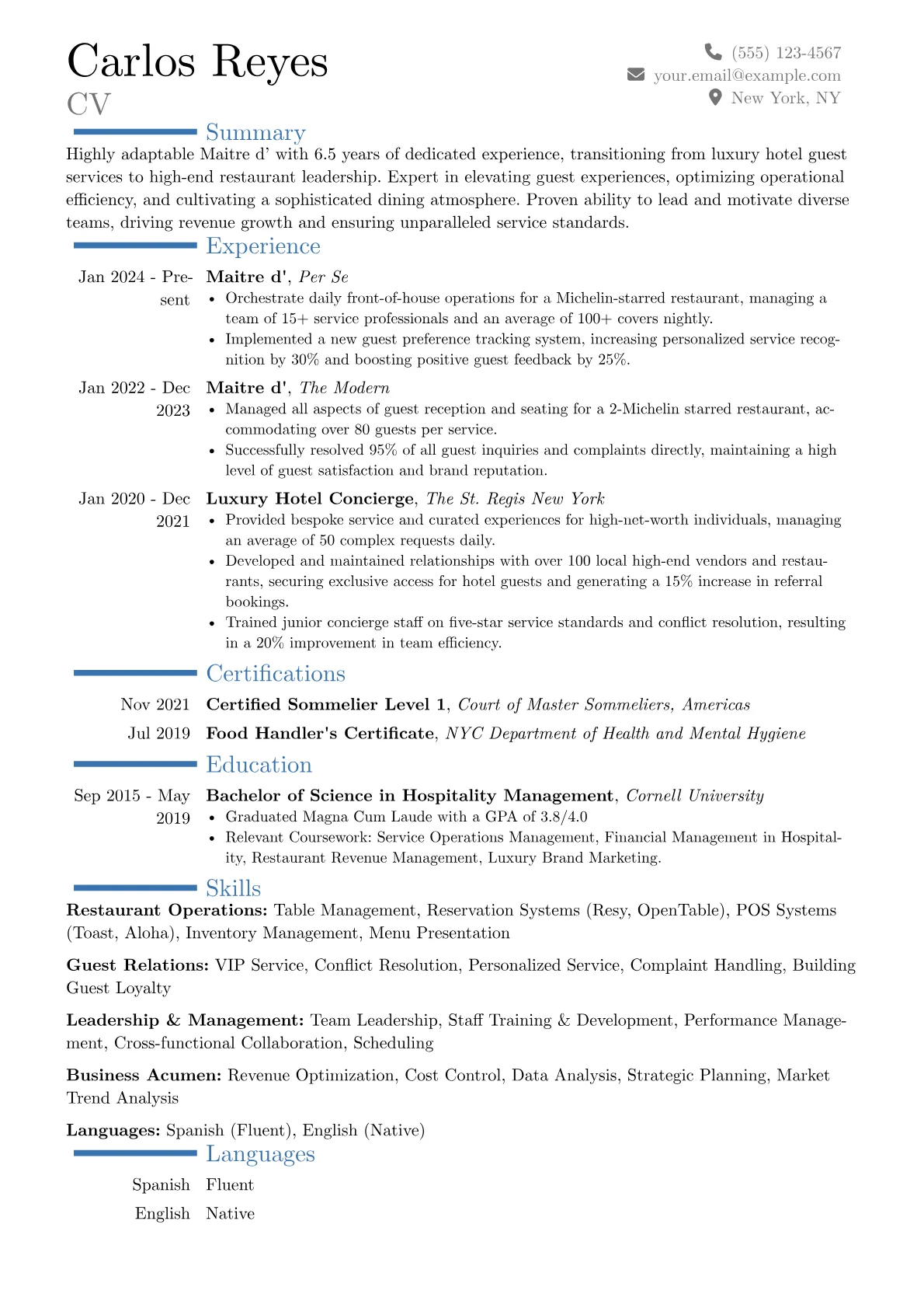 Maitre d' resume example, Career changer, page 1