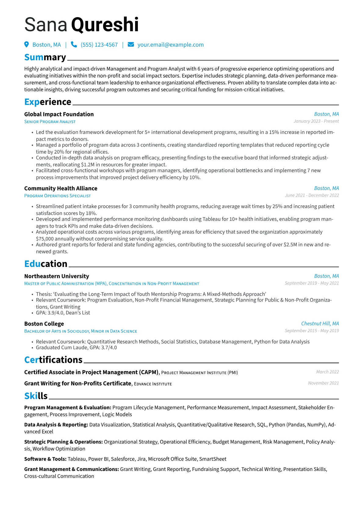Management and Program Analyst resume example, Non-Profit Program Analyst, page 1