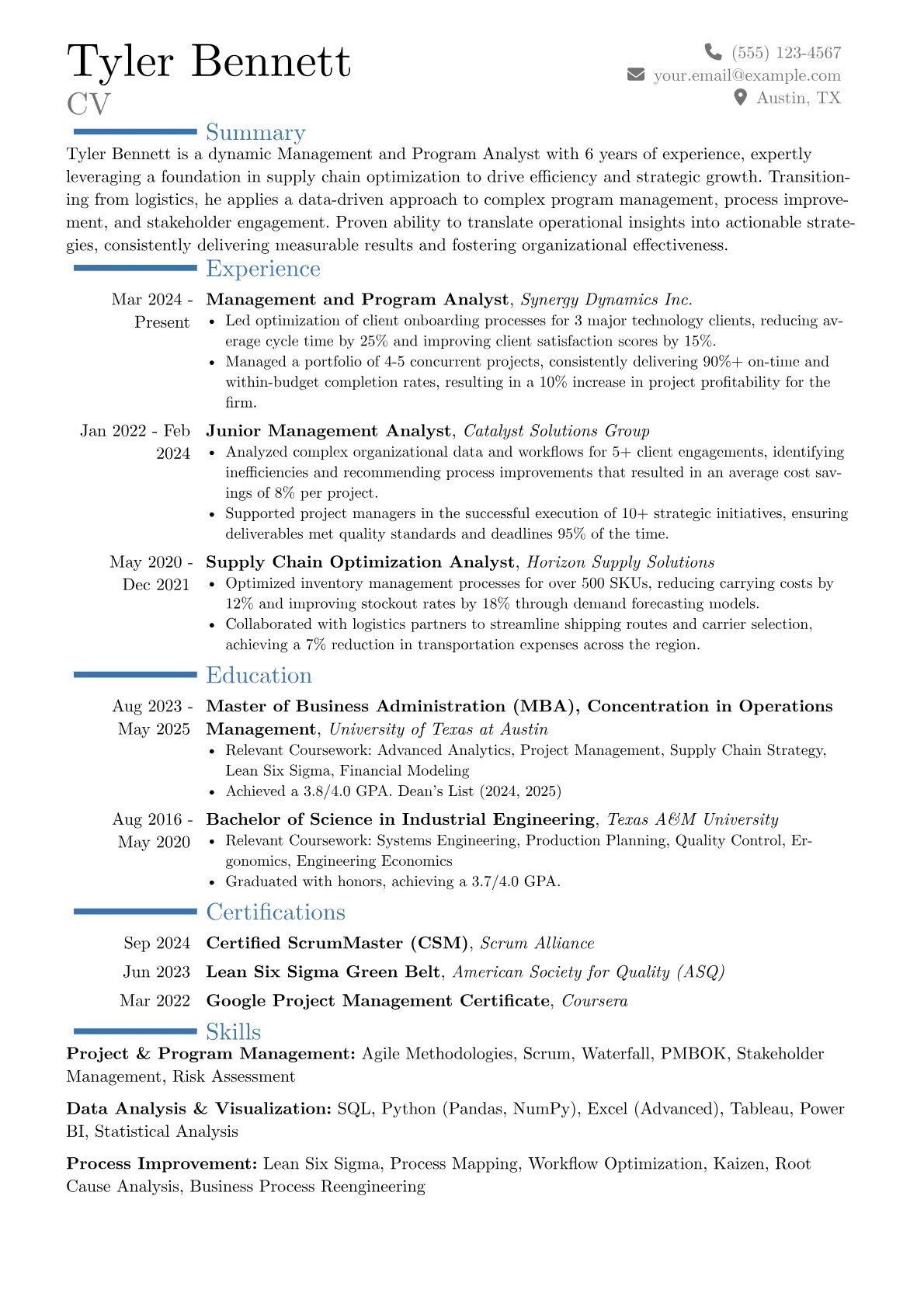 Management and Program Analyst resume example, Career changer, page 1