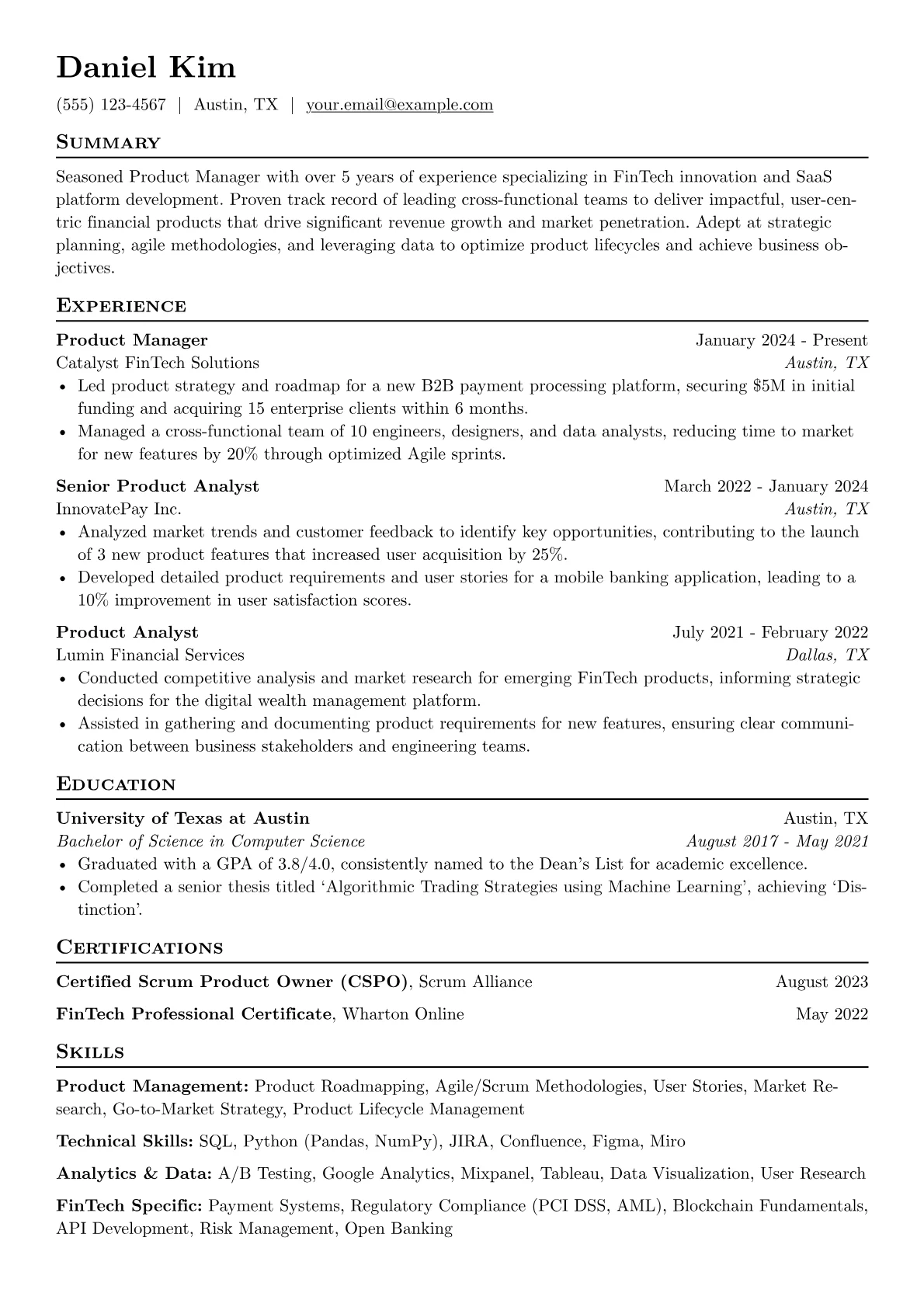 Manager Position resume example, Manager Position, page 1