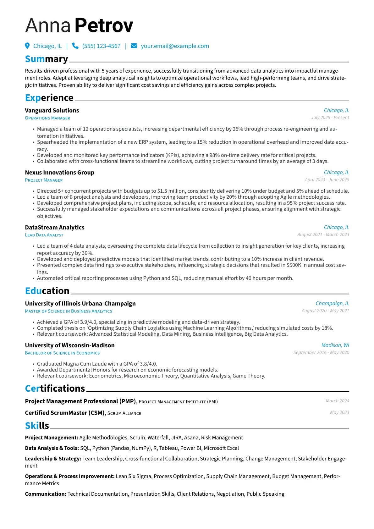 Manager Position resume example, Career changer, page 1