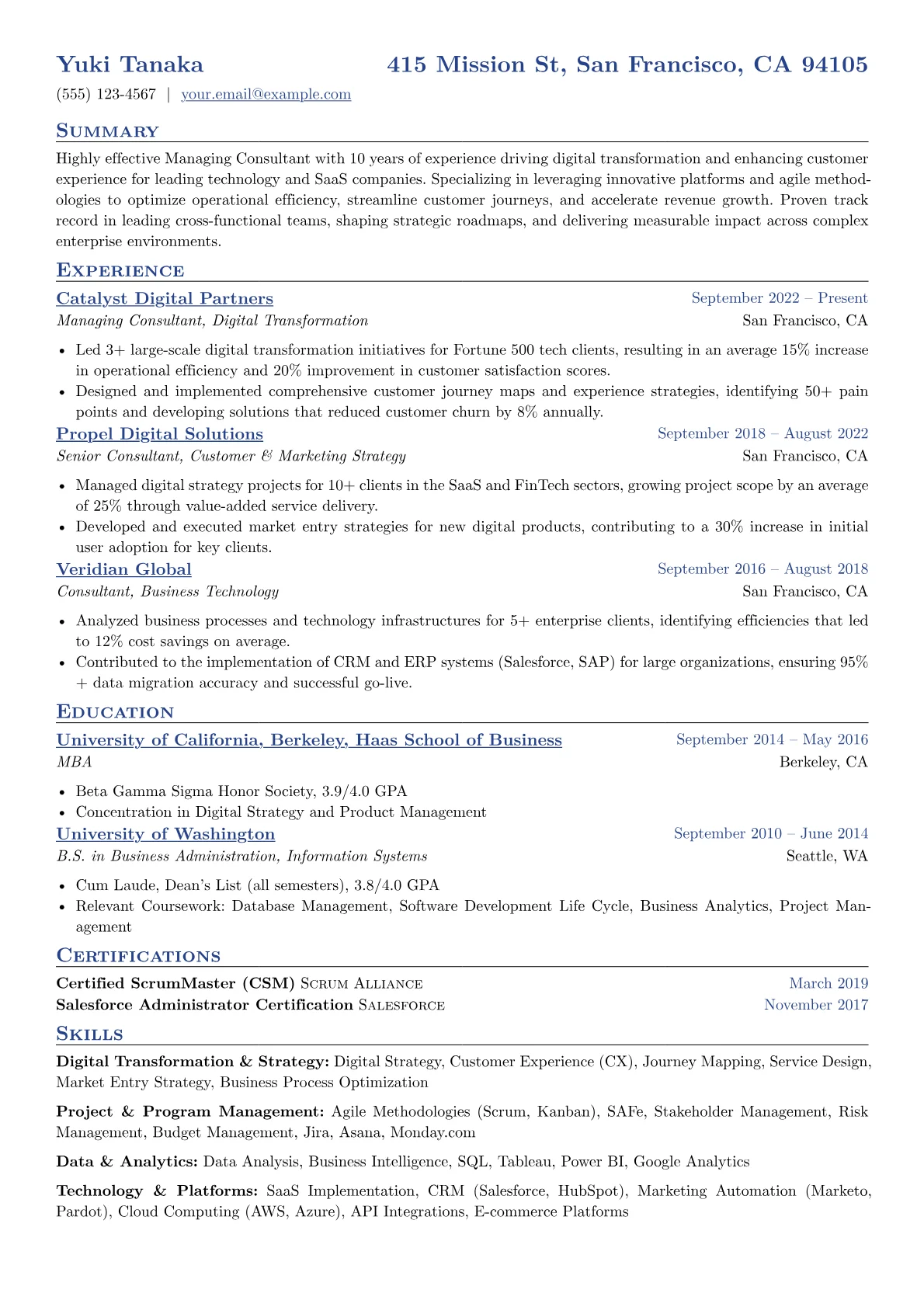 Managing Consultant resume example, Digital Transformation, page 1