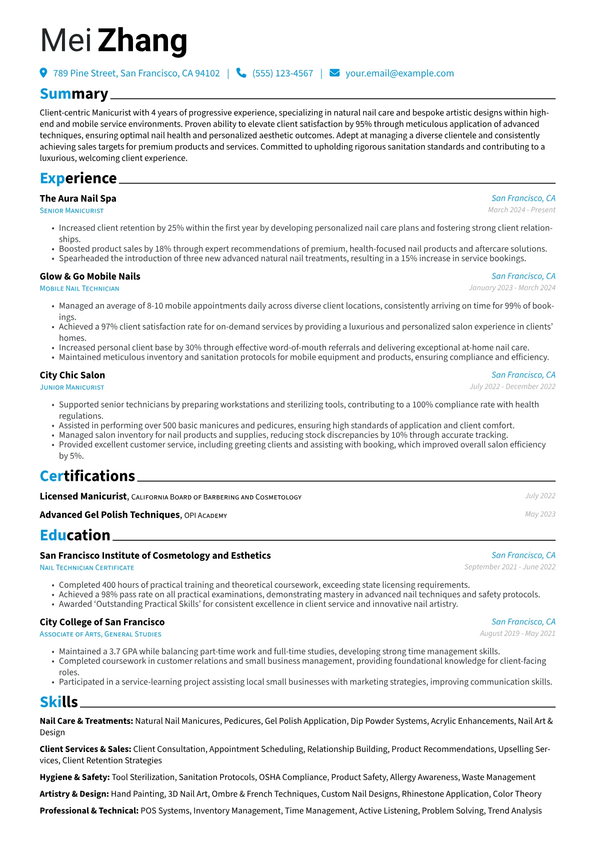 Manicurist resume example, Manicurist, page 1