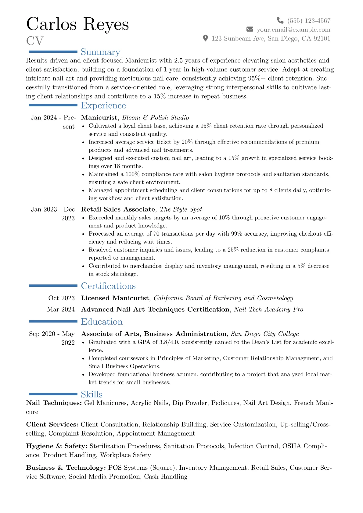 Manicurist resume example, Career changer, page 1