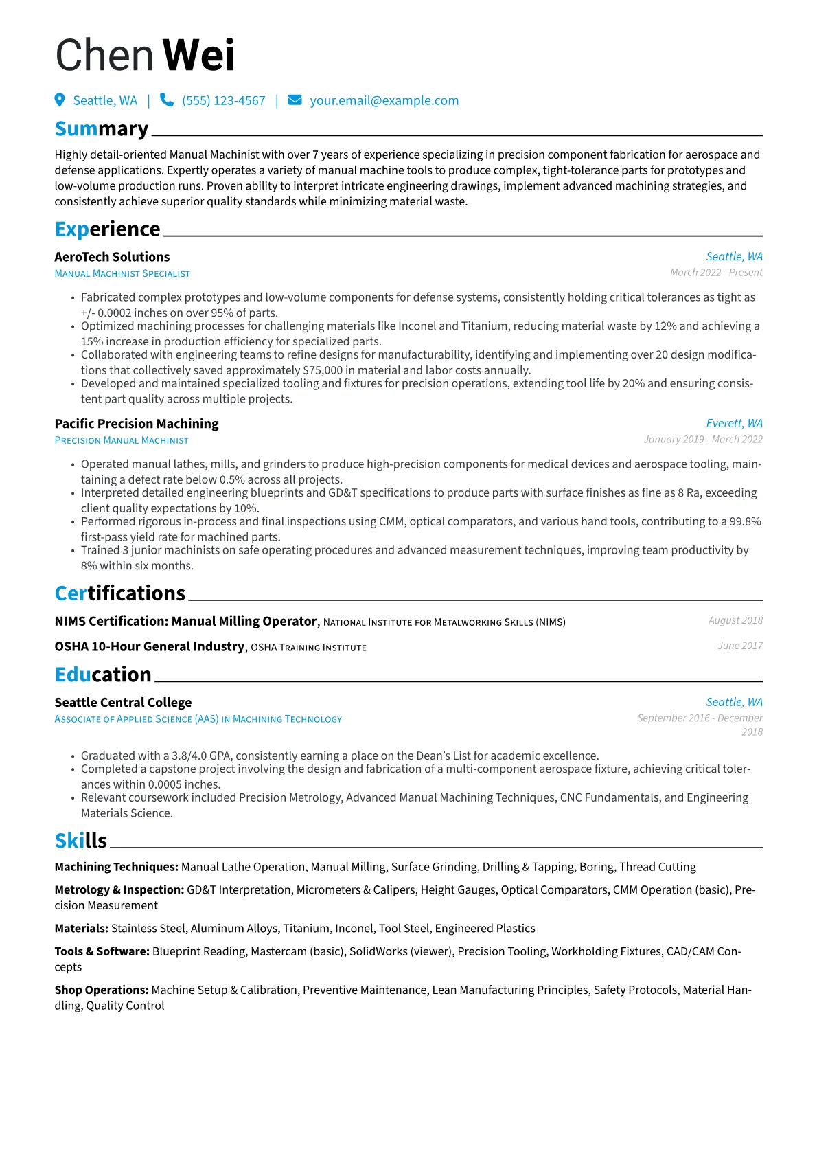 Manual Machinist resume example, Aerospace Prototype, page 1