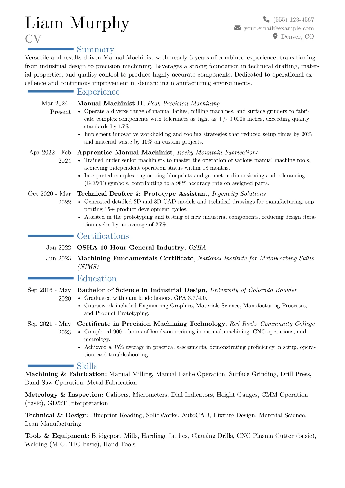 Manual Machinist resume example, Career changer, page 1