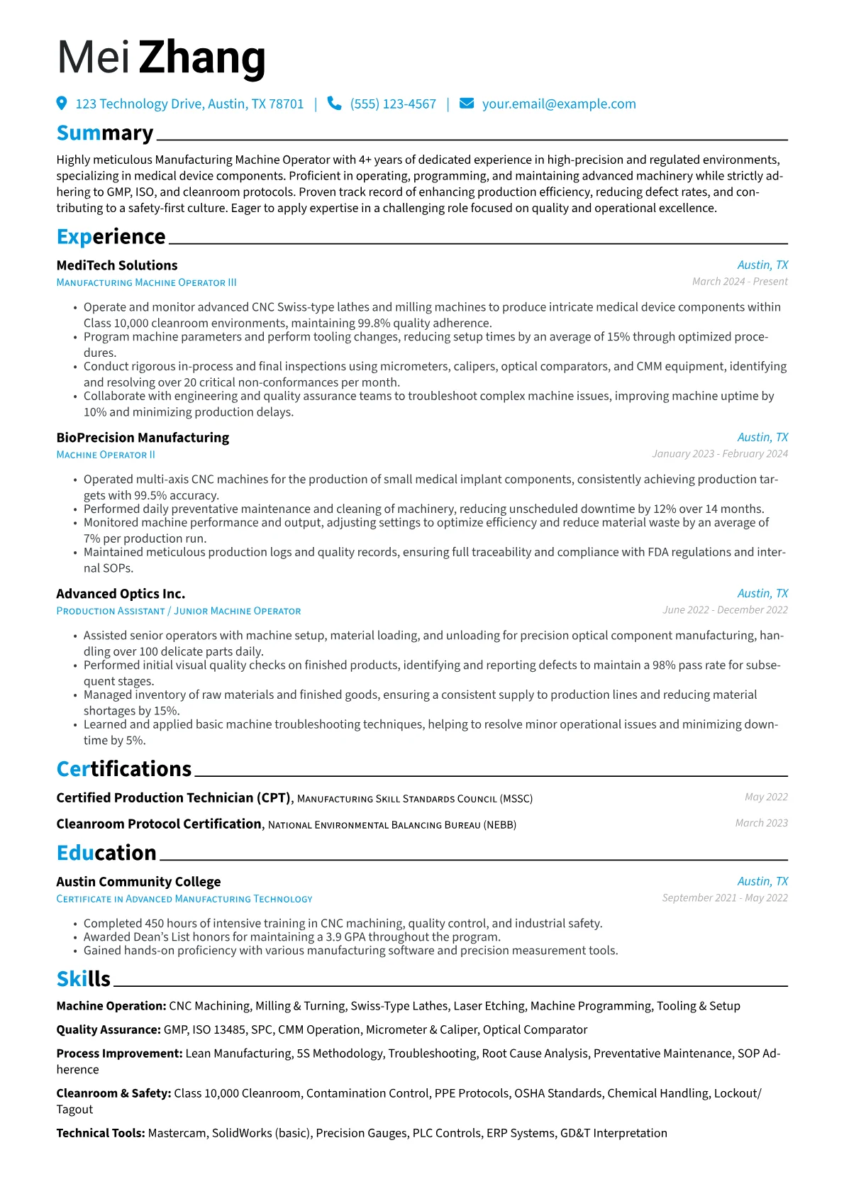 Manufacturing Machine Operator resume example, Medical Device Precision, page 1