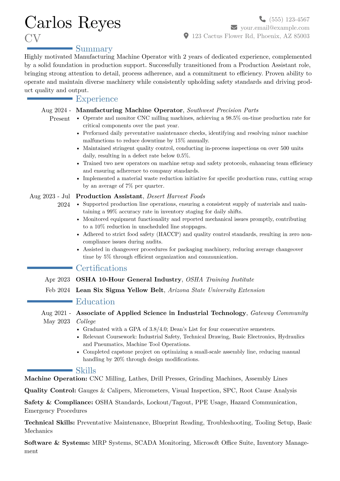 Manufacturing Machine Operator resume example, Career changer, page 1