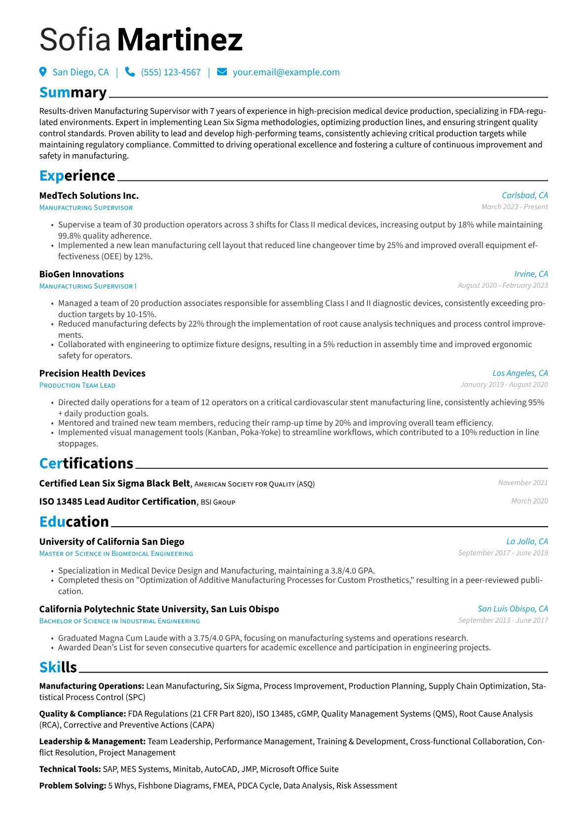 Manufacturing Supervisor resume example, Medical Device Focus, page 1