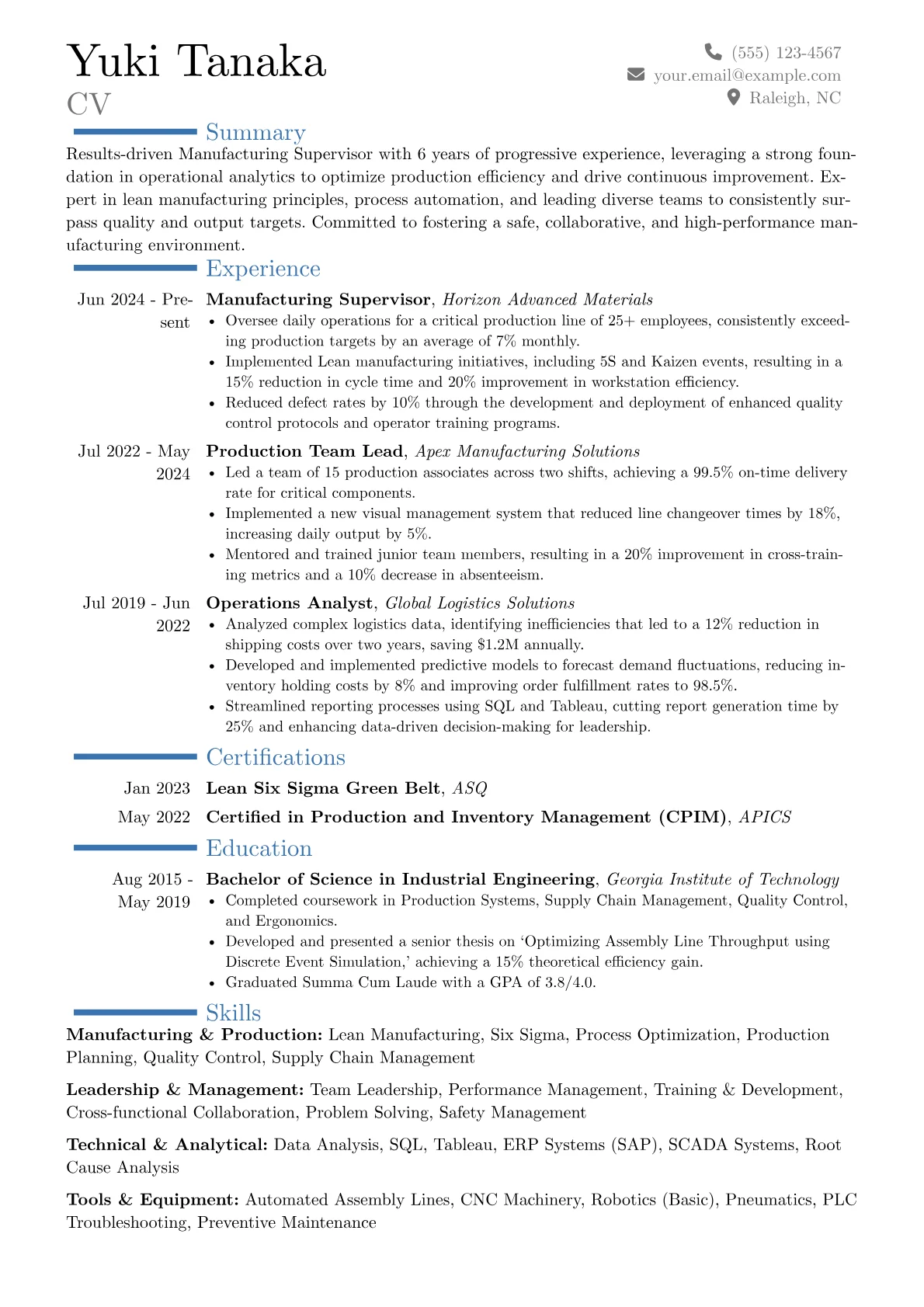 Manufacturing Supervisor resume example, Career changer, page 1
