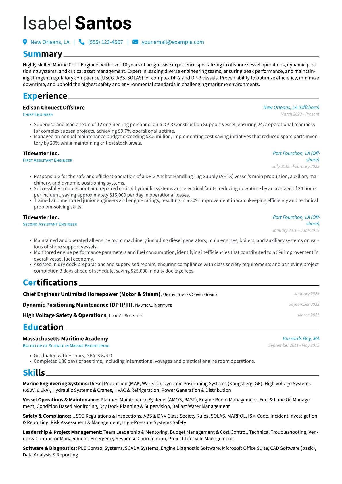 Marine Chief Engineer resume example, Offshore DP Operations, page 1