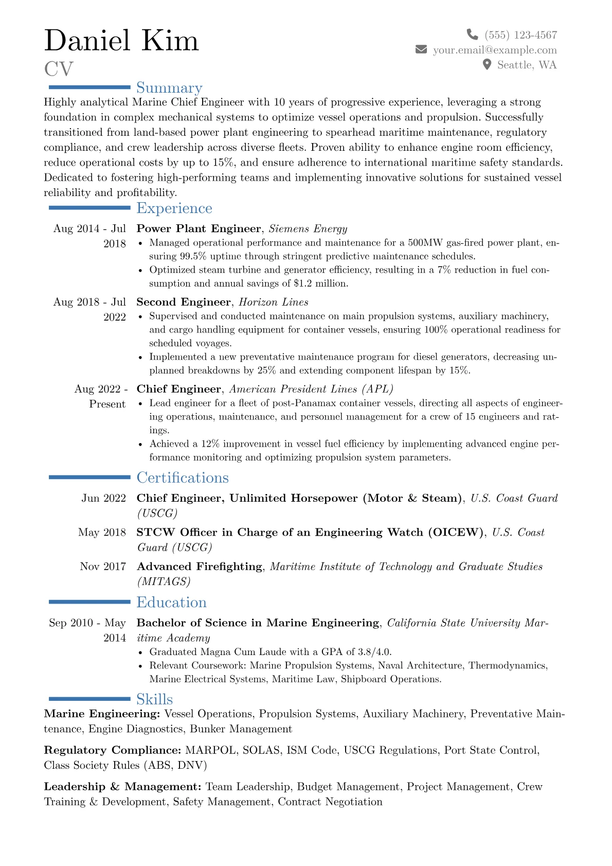 Marine Chief Engineer resume example, Career changer, page 1