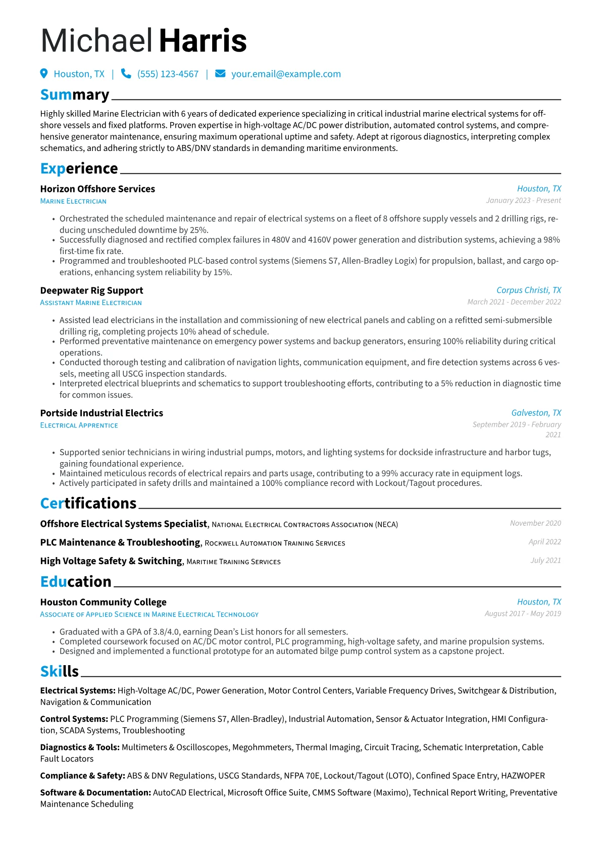 Marine Electrician resume example, Offshore Industrial Focus, page 1