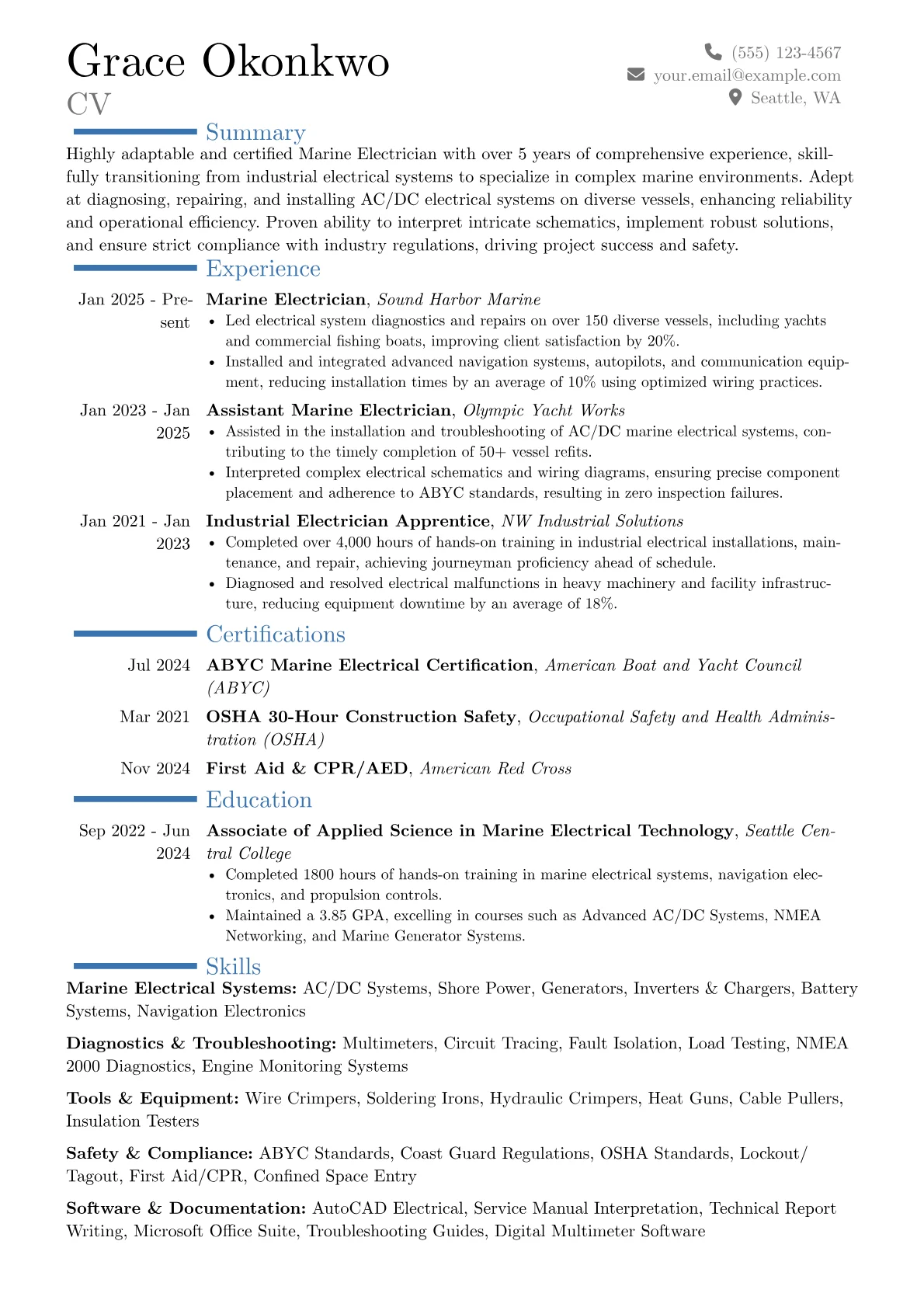 Marine Electrician resume example, Career changer, page 1