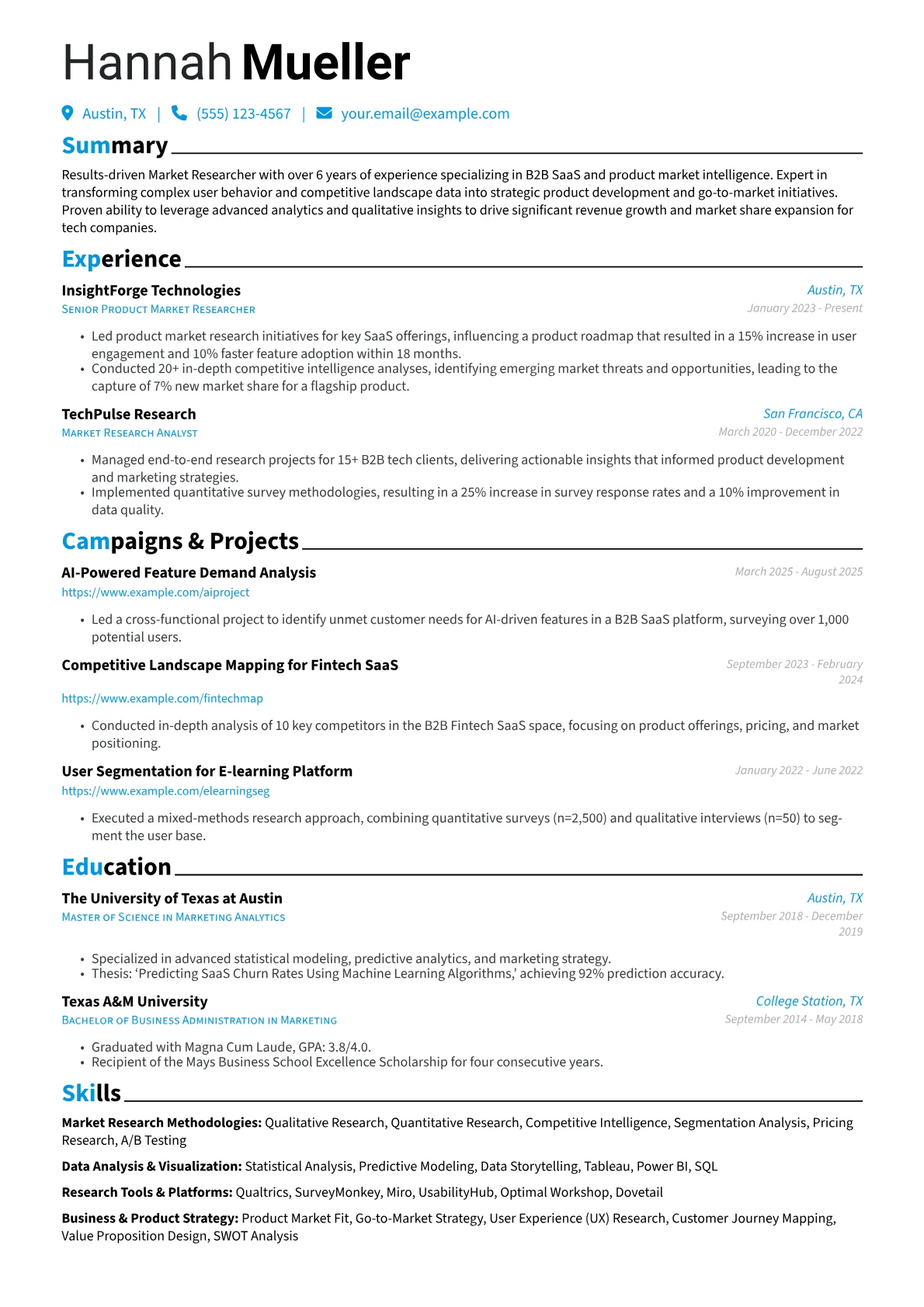 Market Researcher resume example, Market Researcher - B2B, page 1