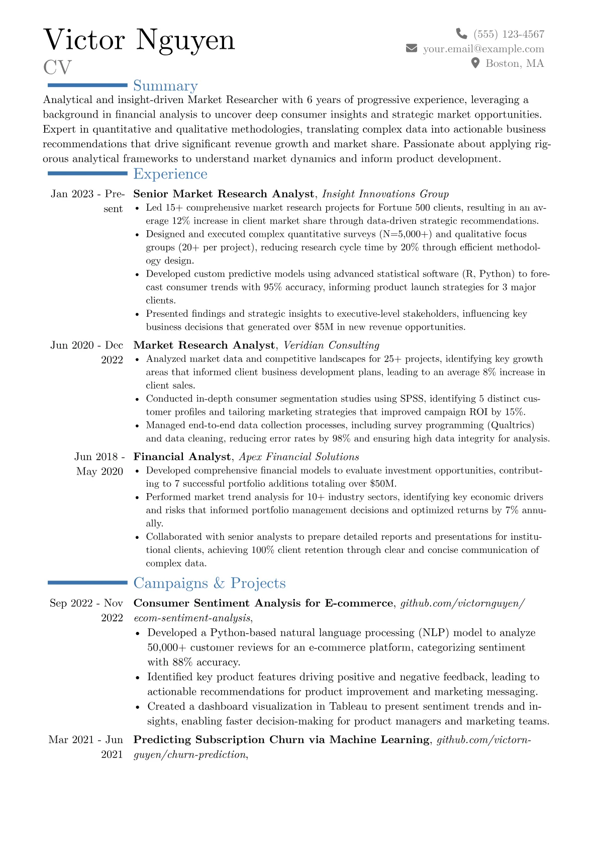 Market Researcher resume example, Career changer, page 1