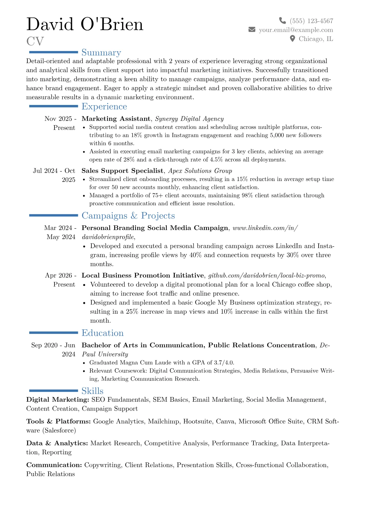 Marketing Assistant With No Experience resume example, Career changer, page 1
