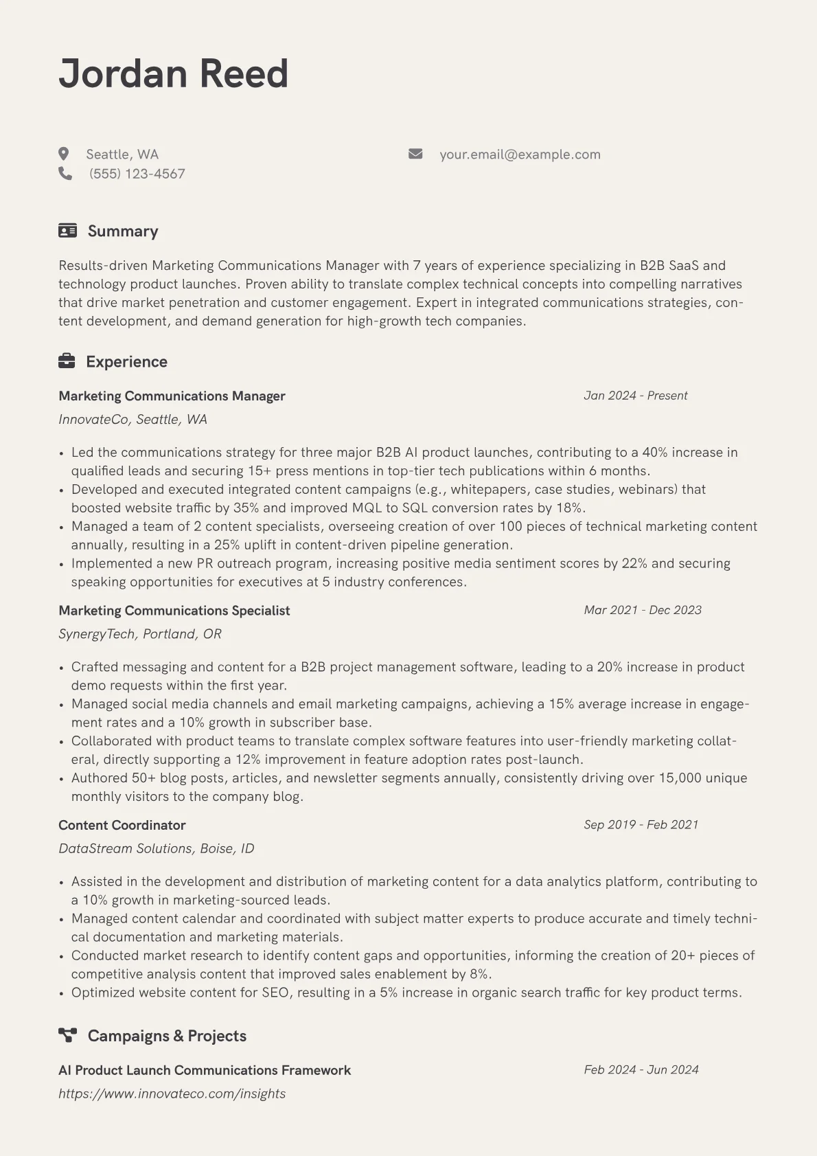 Marketing Communications Manager resume example, B2B SaaS Marketing, page 1