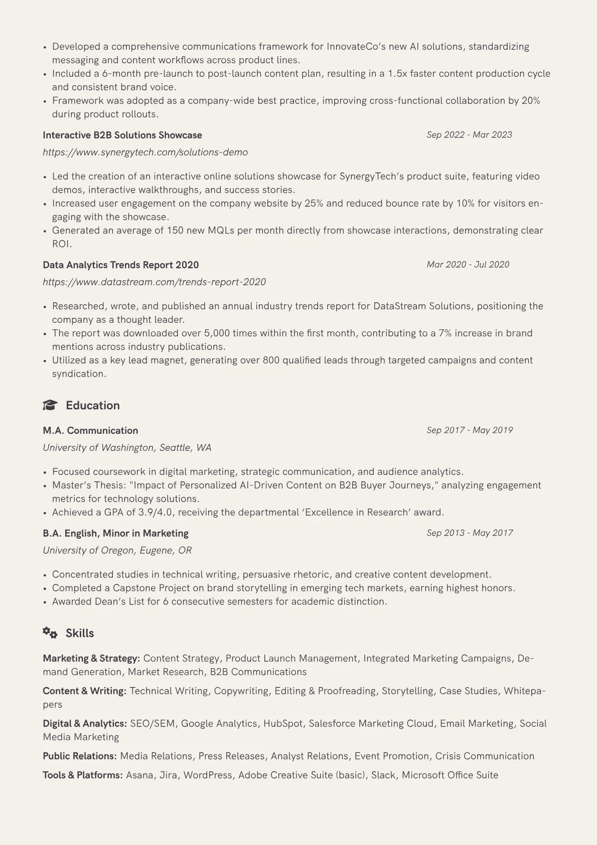 Marketing Communications Manager resume example, B2B SaaS Marketing, page 2