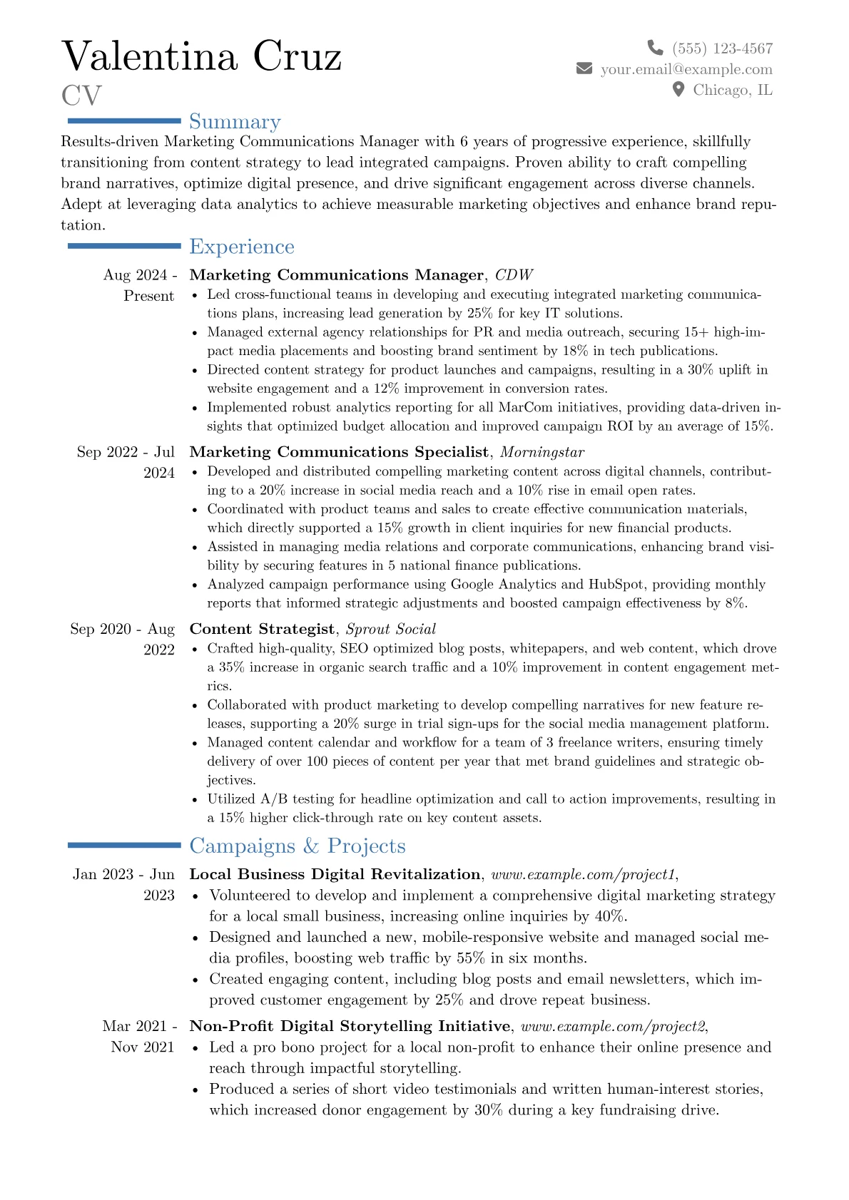 Marketing Communications Manager resume example, Career changer, page 1