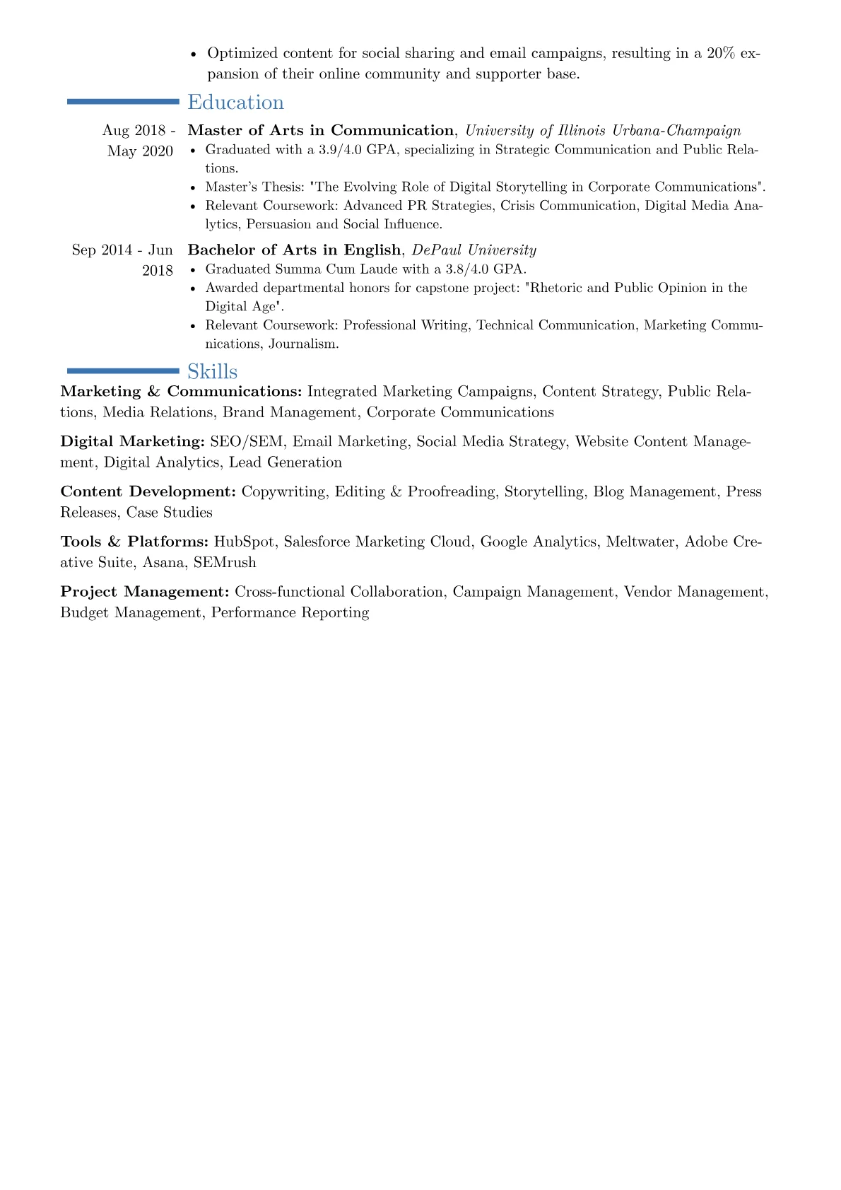 Marketing Communications Manager resume example, Career changer, page 2