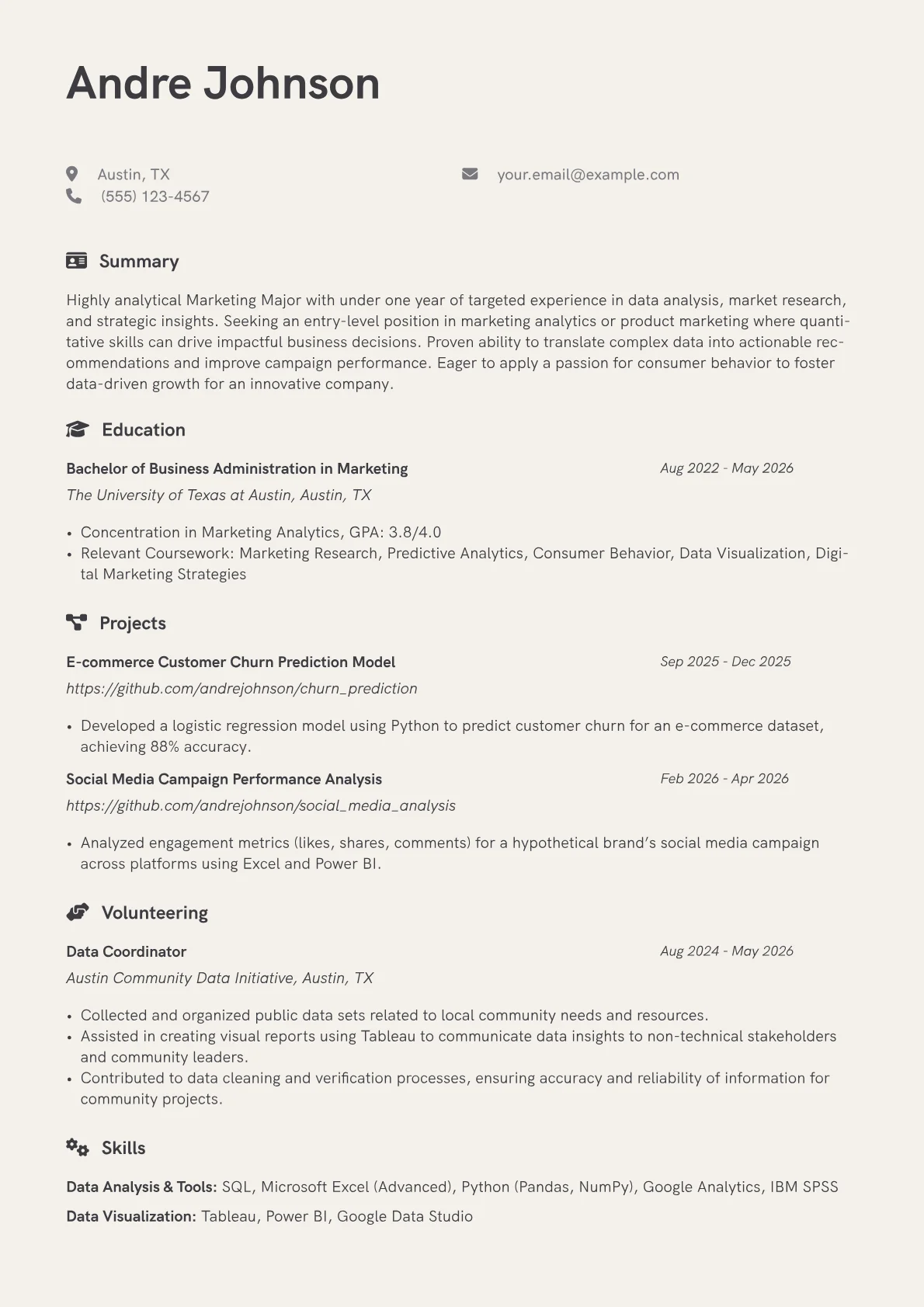 Marketing Major resume example, Data Analysis & Tools, page 1