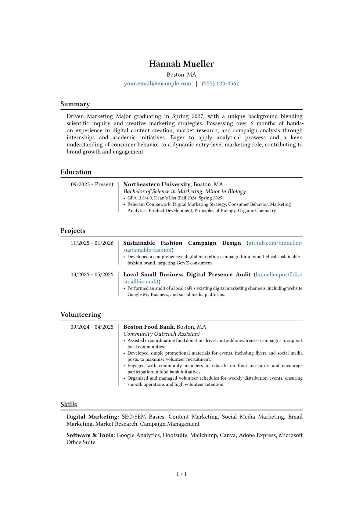 Marketing Major resume example, Career changer, page 1