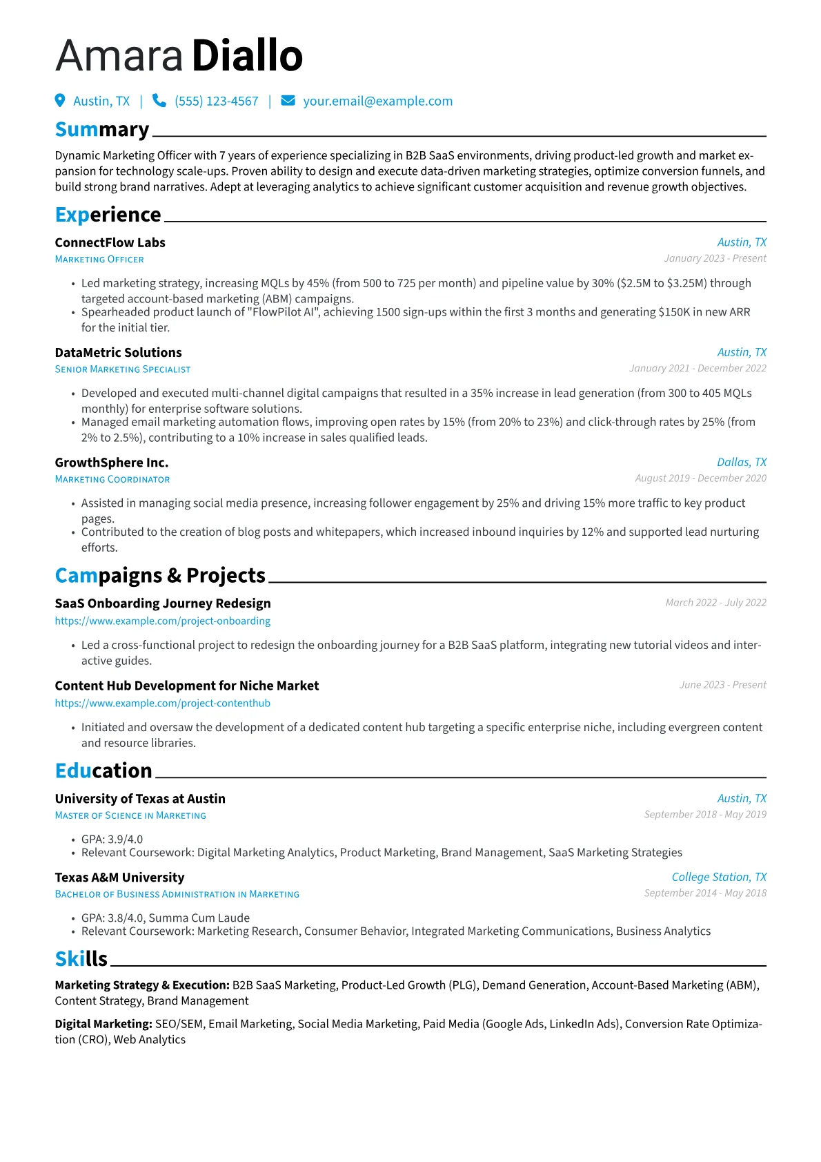Marketing Officer resume example, B2B SaaS Product-Led, page 1
