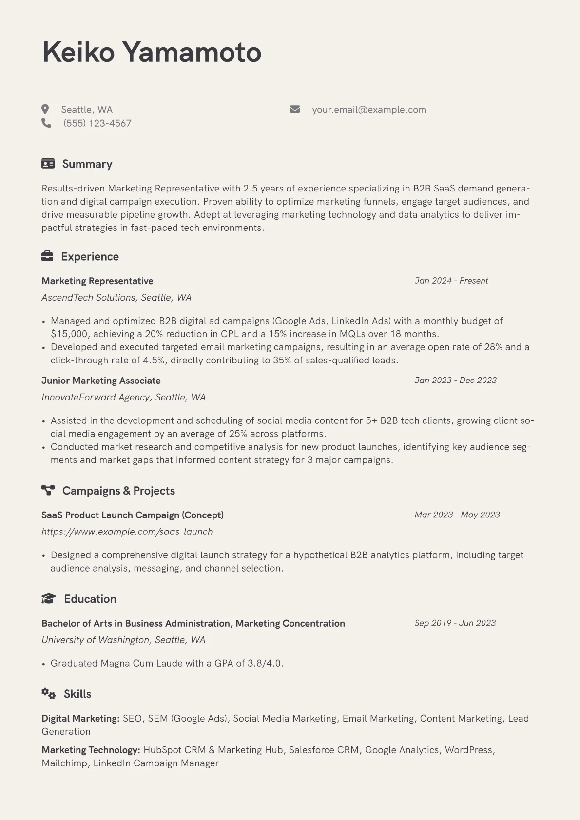 Marketing Representative resume example, B2B SaaS Marketing, page 1