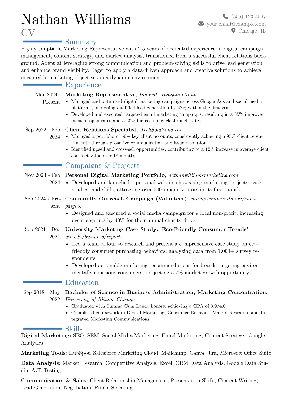 Marketing Representative resume example, Career changer, page 1