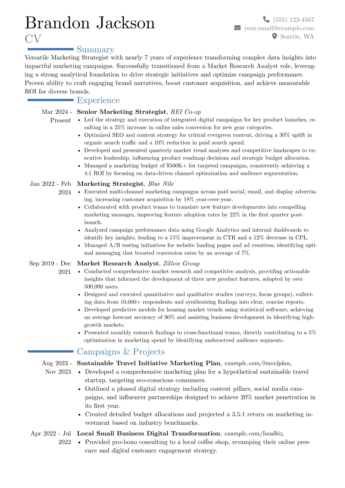 Marketing Strategist resume example, Career changer, page 1