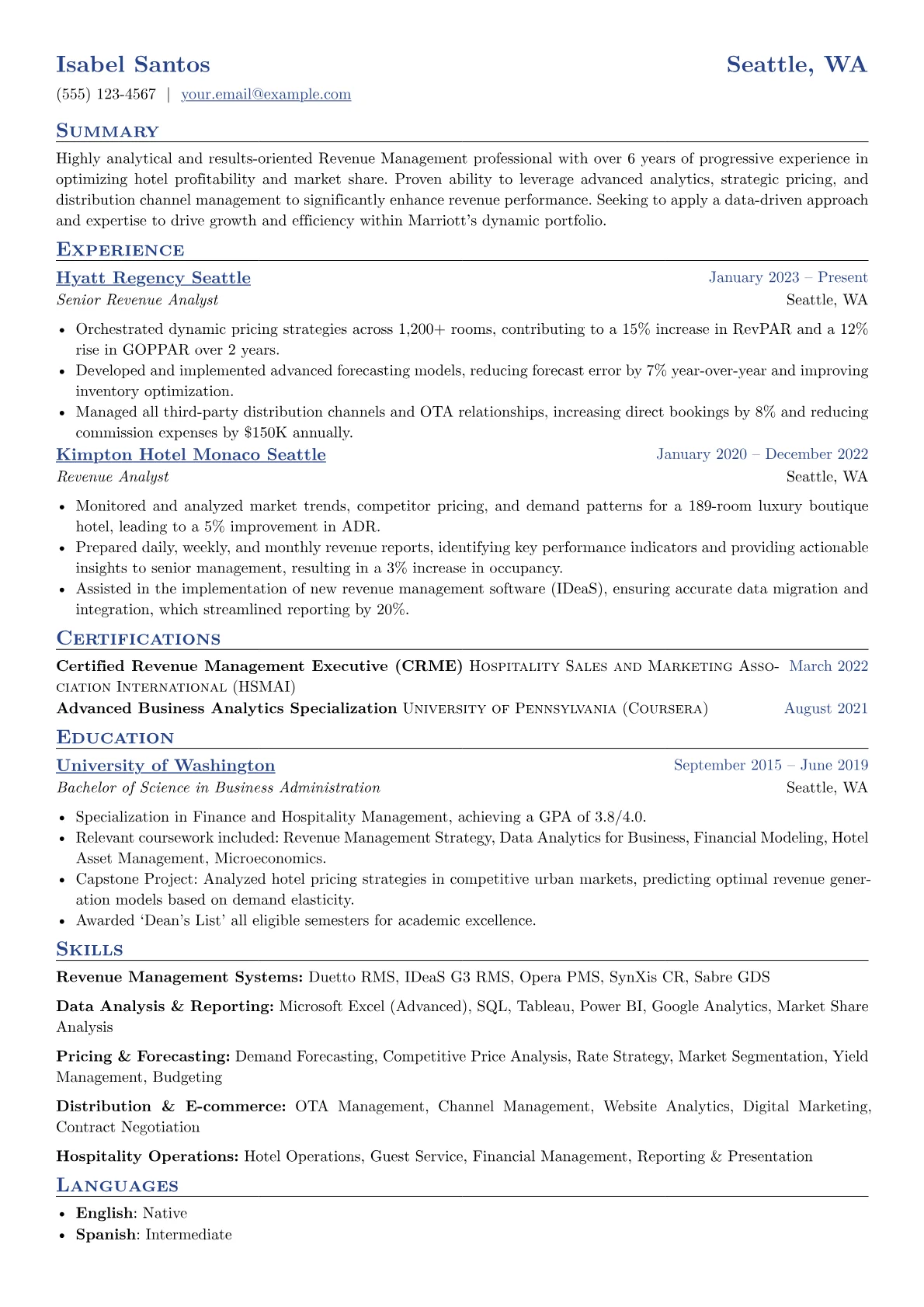 Marriott resume example, Revenue Management Systems, page 1