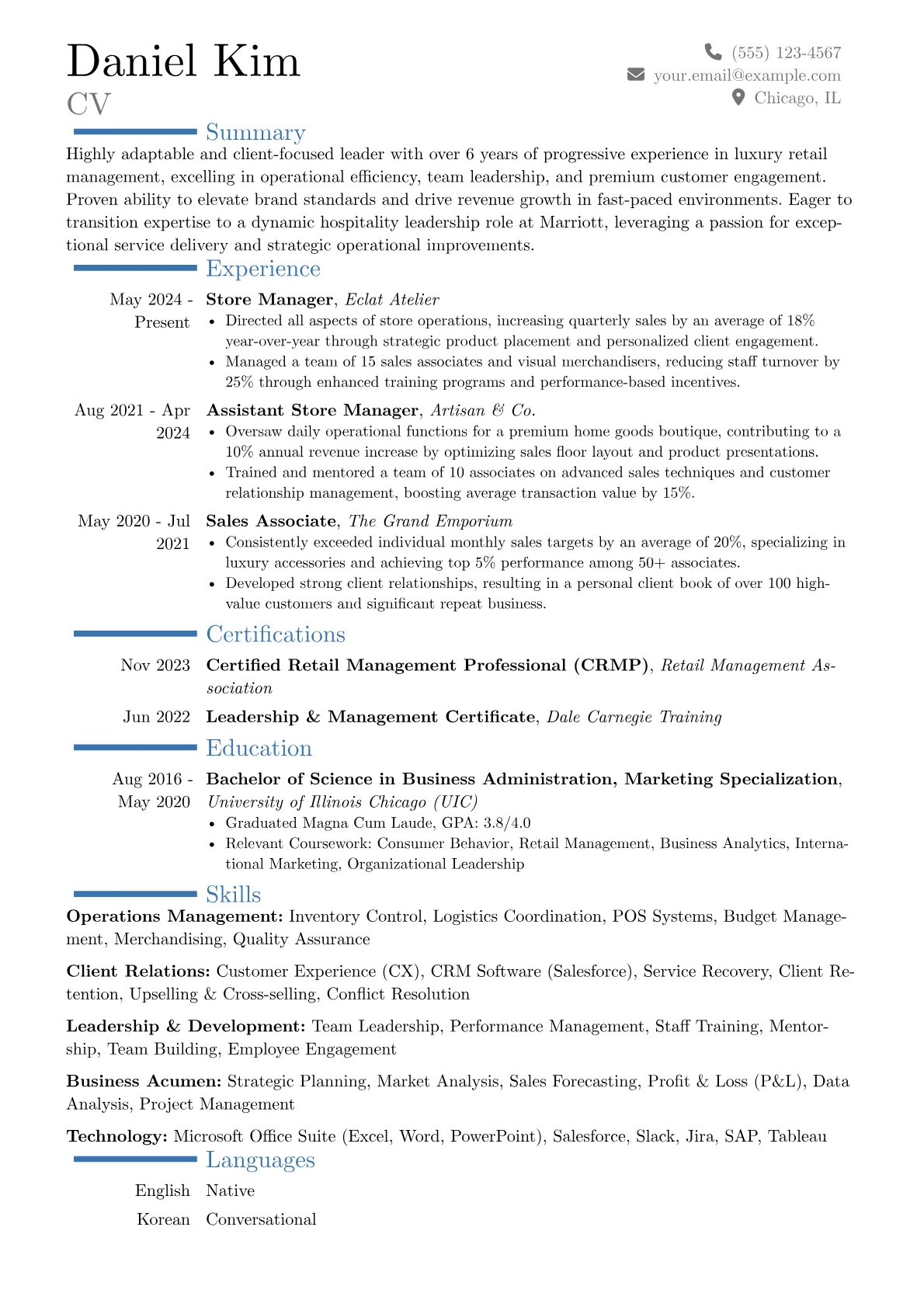 Marriott resume example, Career changer, page 1